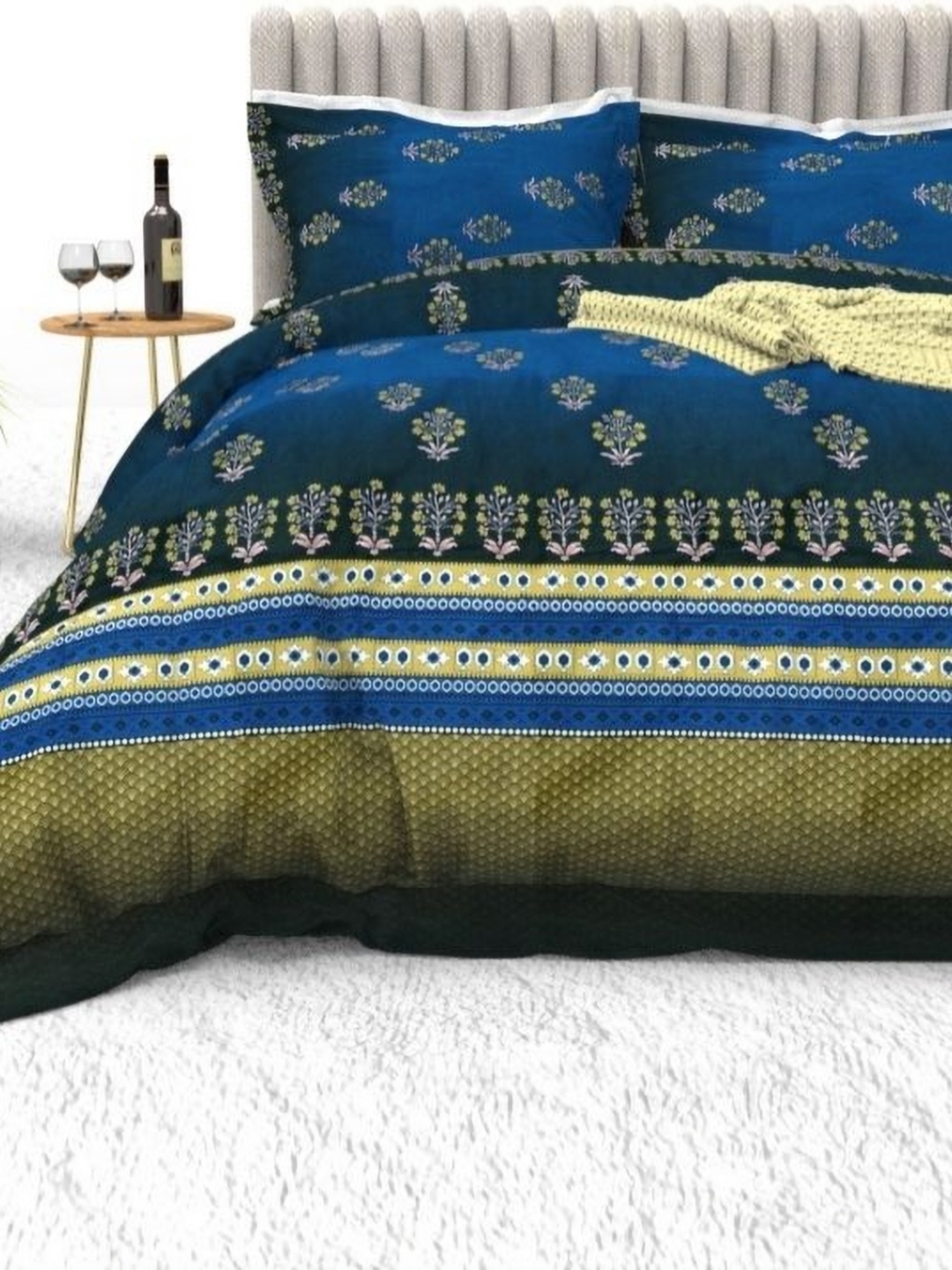 

THE WHITE MOSS Blue & Green Floral 220 TC King Bedsheet with 2 Pillow Covers