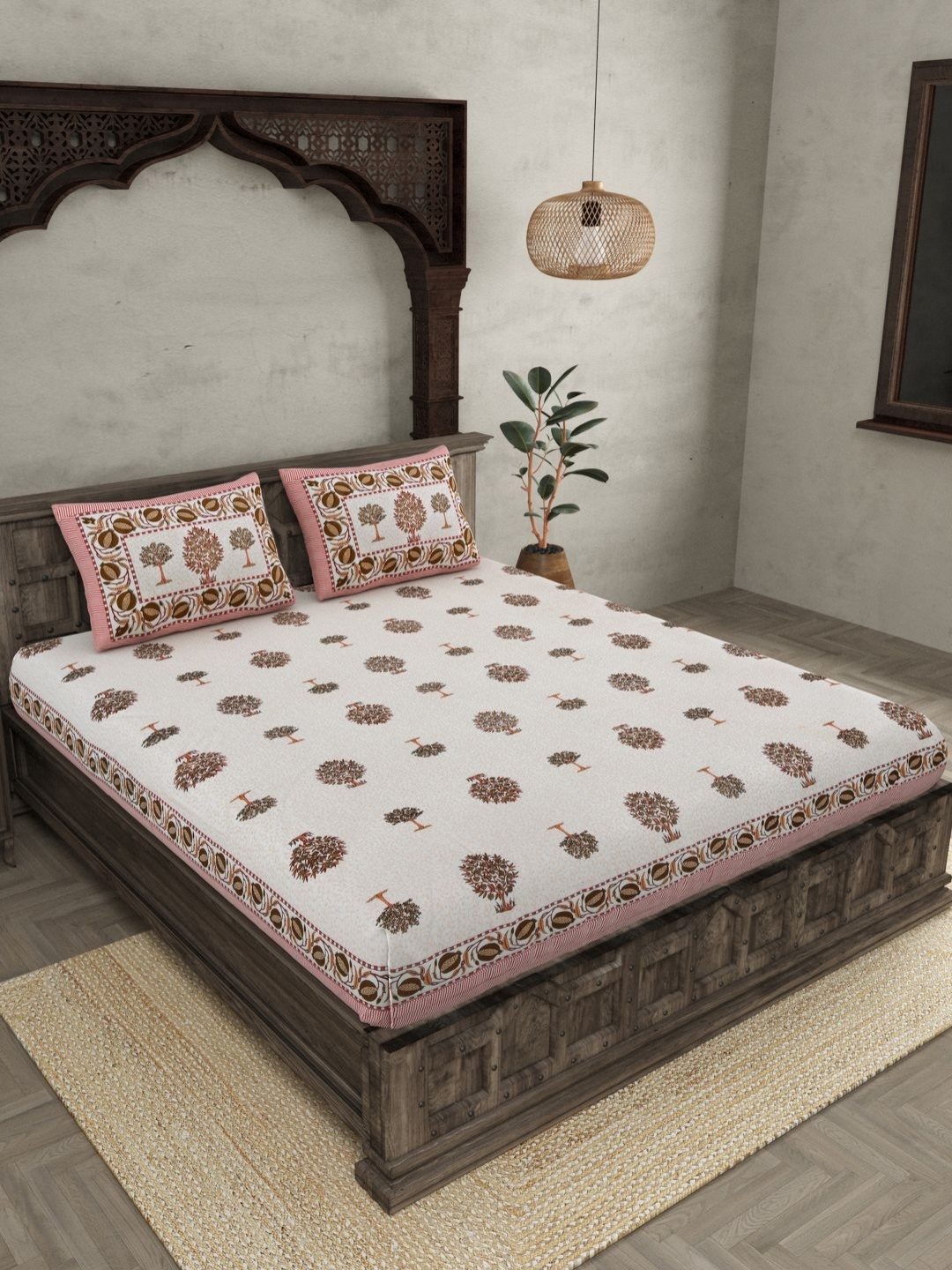 

JAIPUR FABRIC Pink Floral printed 144 TC Pure Cotton King Bedsheet with 2 Pillow Covers
