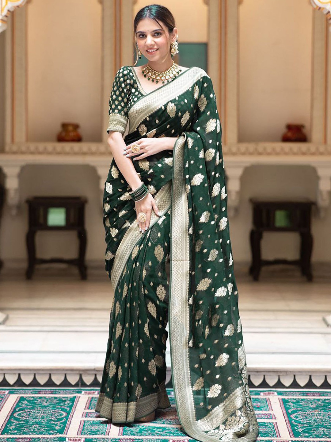 

Anjaneya Sarees Woven Design Zari Silk Blend Banarasi Green Saree