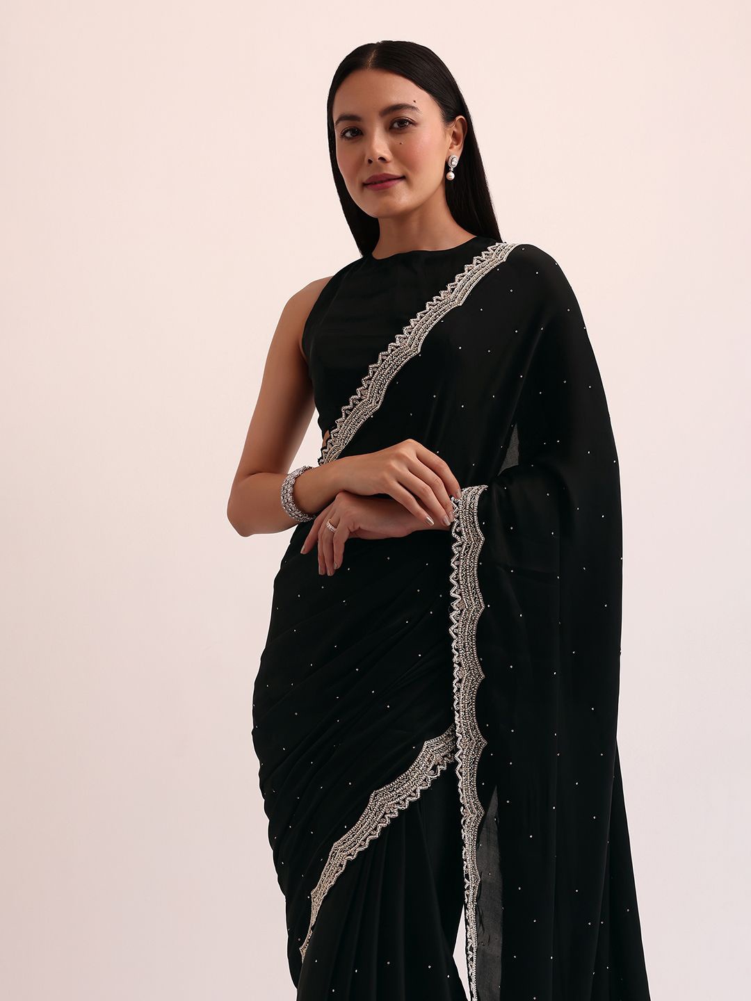 

KALKI Fashion Embellished Beads and Stones Satin Saree, Black