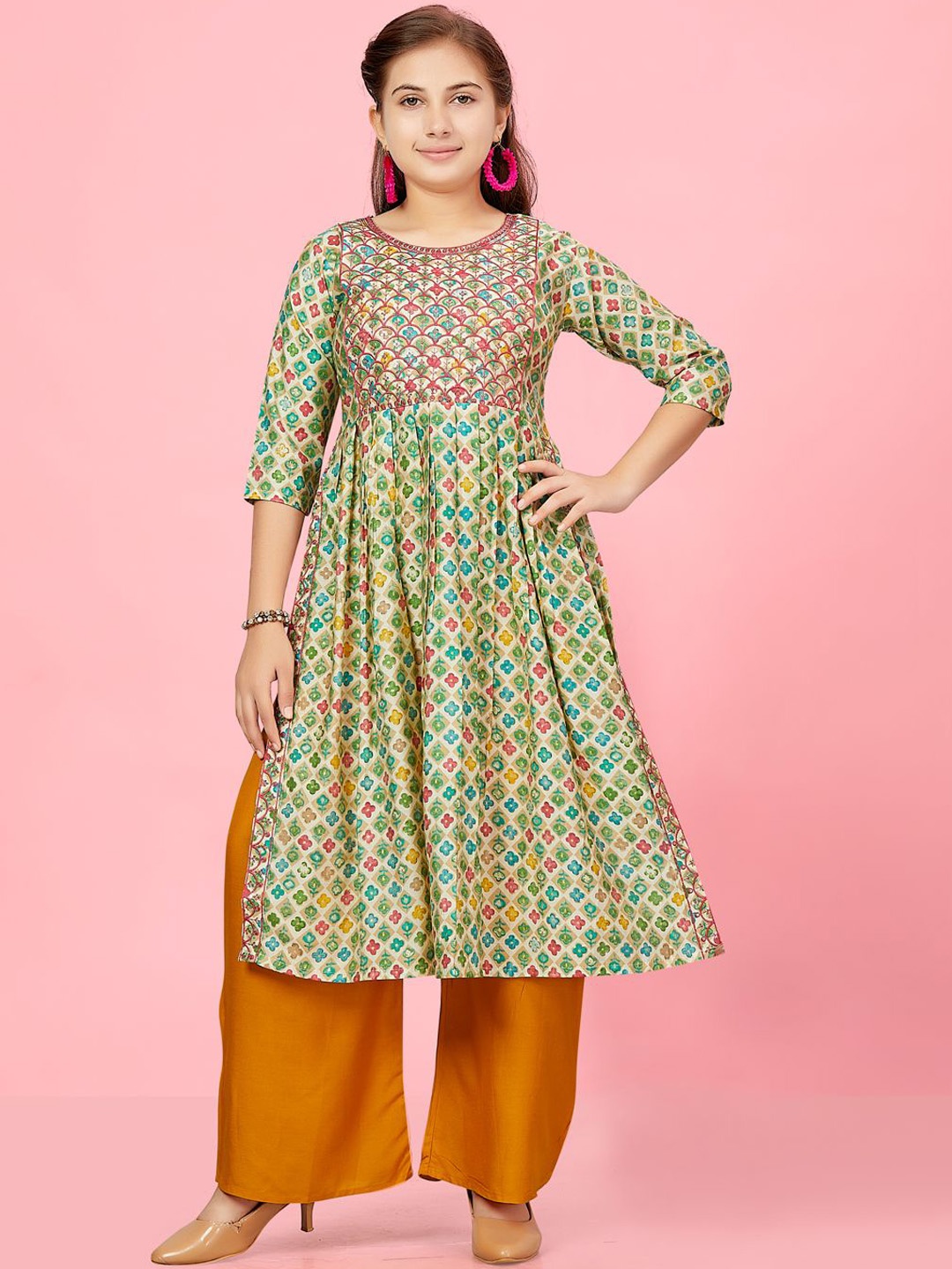 

BAESD Girls Ethnic Motifs Printed Sequinned Cotton A-Line Kurta, Green