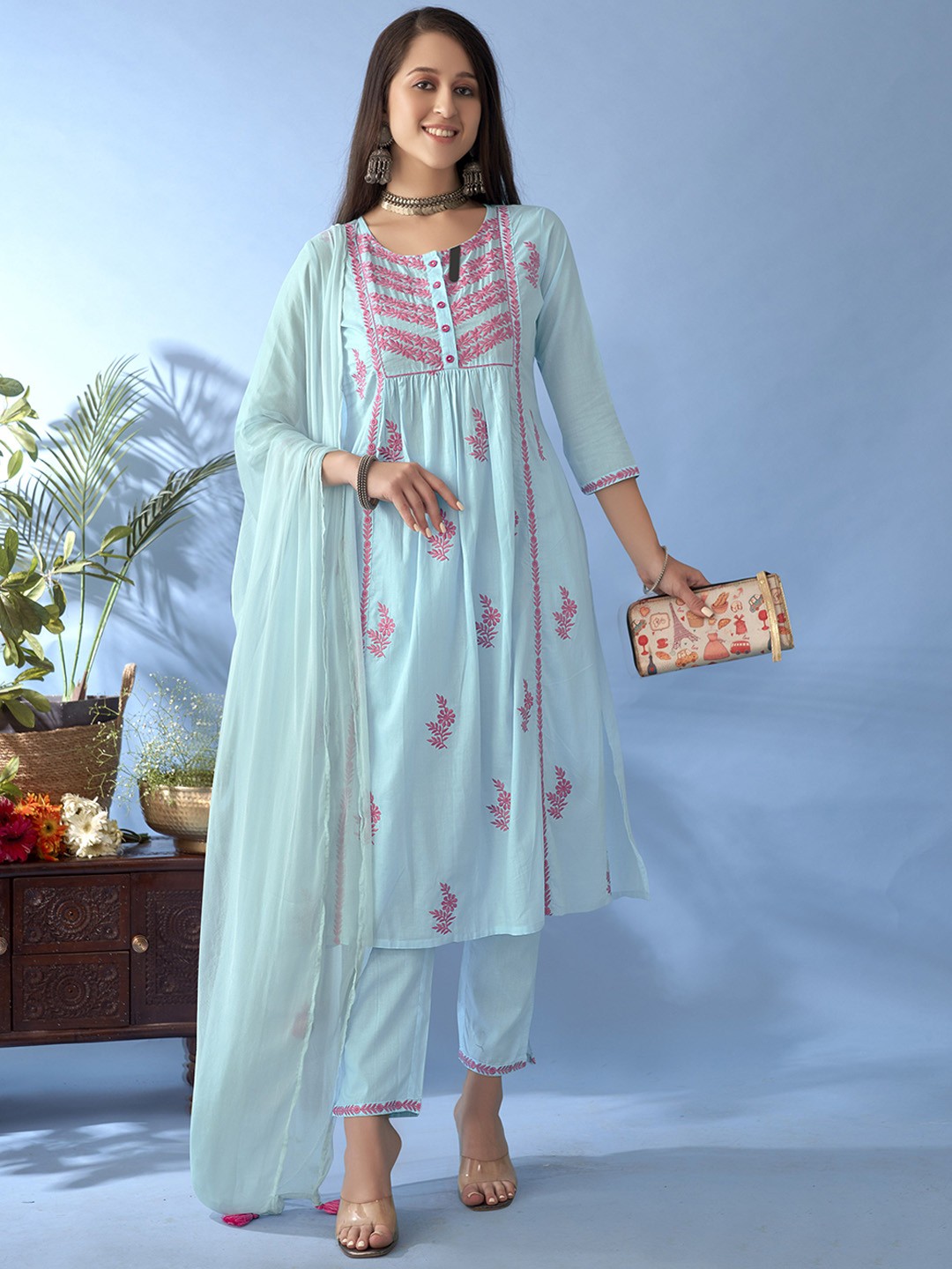 

Anouk Floral Embroidered Thread Work Pure Cotton Anarkali Kurta With Trousers & Dupatta, Blue