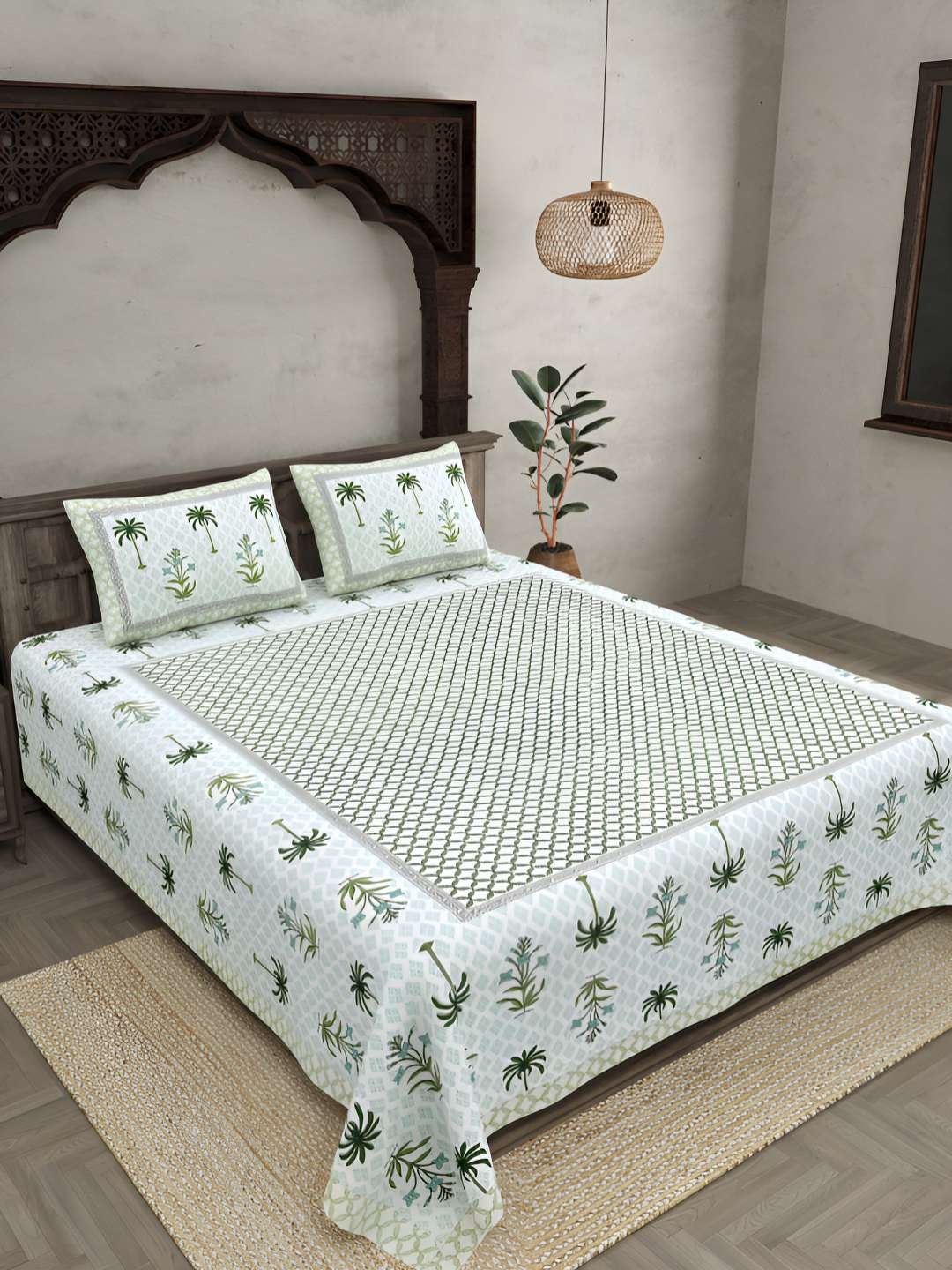 

BED-SHEET.COM Green & White Pure Cotton Floral 144 TC King Bedsheet with 2 Pillow Covers