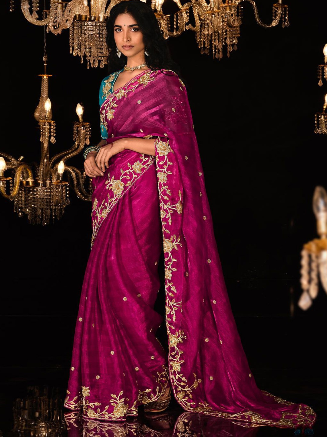 

MySilkLove Floral Embroidered Satin Saree, Pink