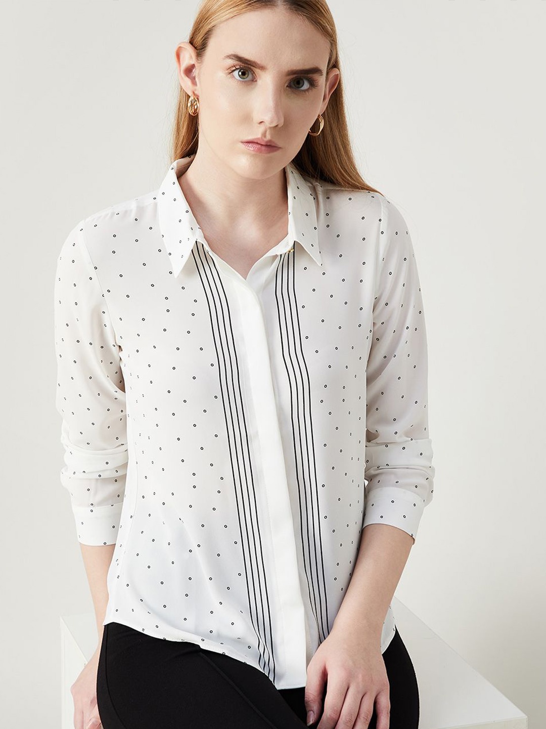 

CODE by Lifestyle Women Abstract Printed Shirt Collar Top, White