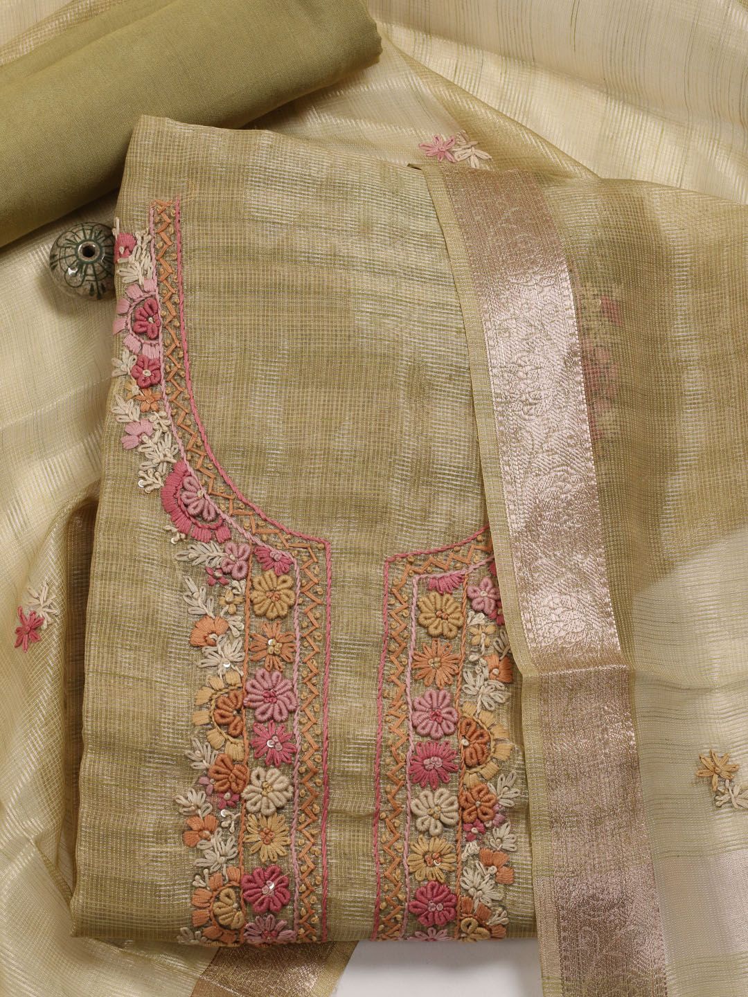

Meena Bazaar Embroidered Art Silk Unstitched Dress Material, Green