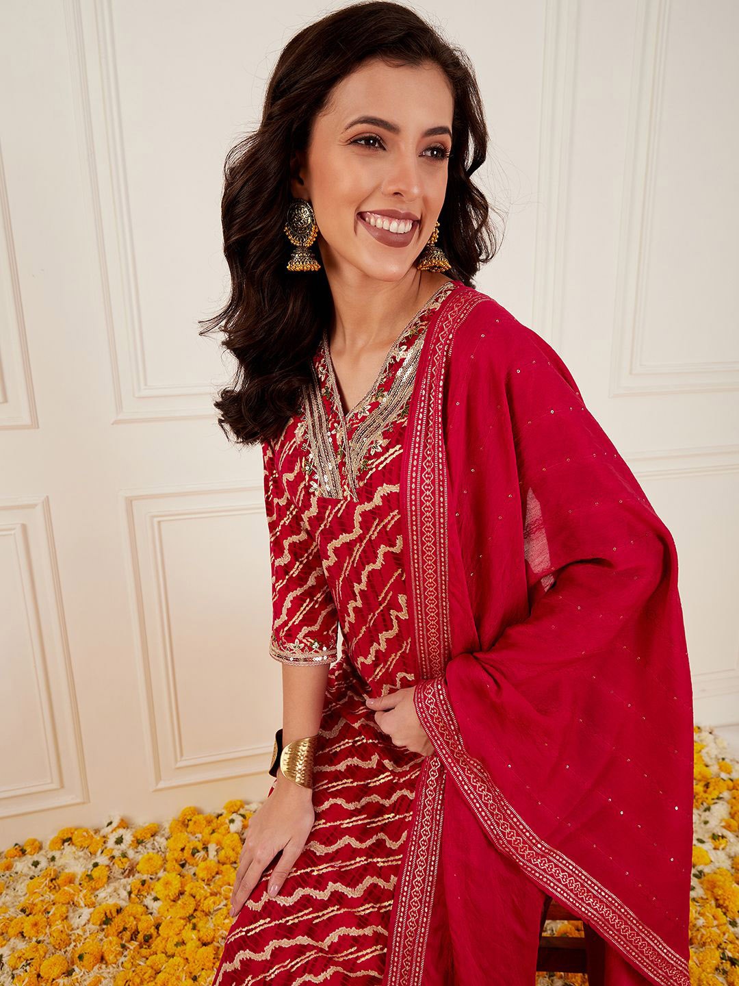

Sangria Striped Printed V Neck Straight Kurta & Trousers With Dupatta, Pink