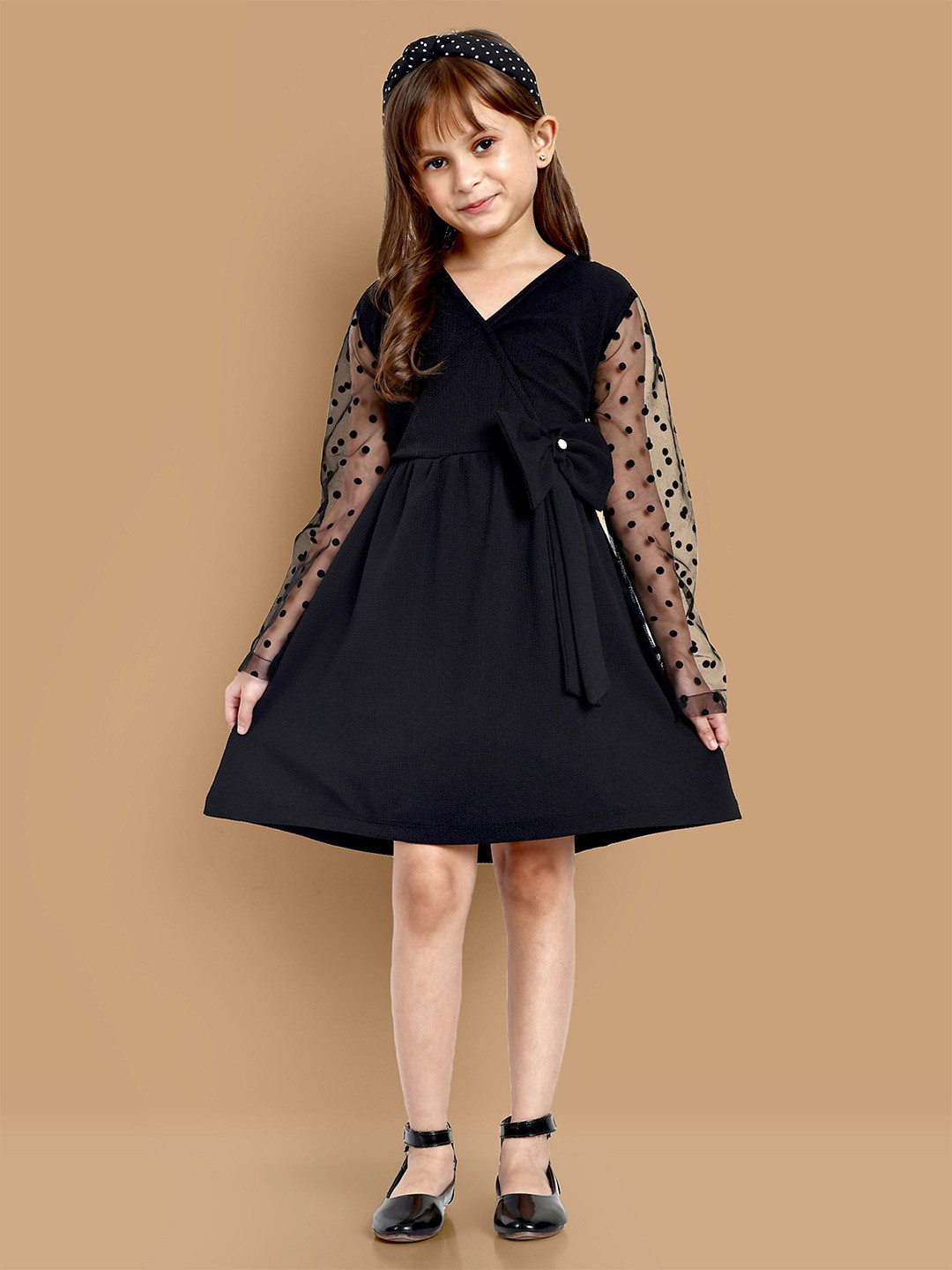 

YK Girls Cotton V-Neck Fit & Flare Dress, Black