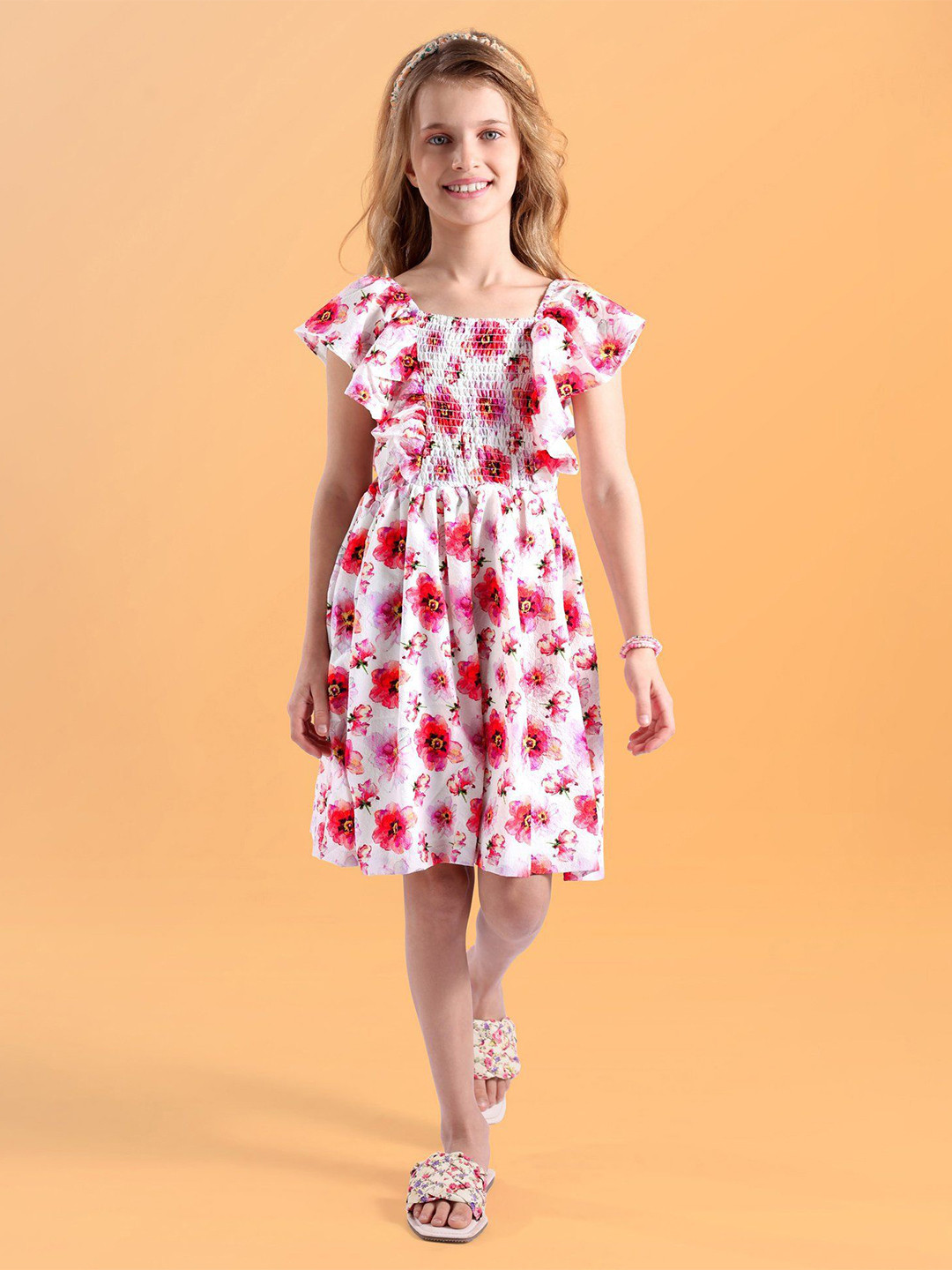 

Hola Bonita Girls Floral Printed Flutter Sleeve Fit & Flare Dress, White