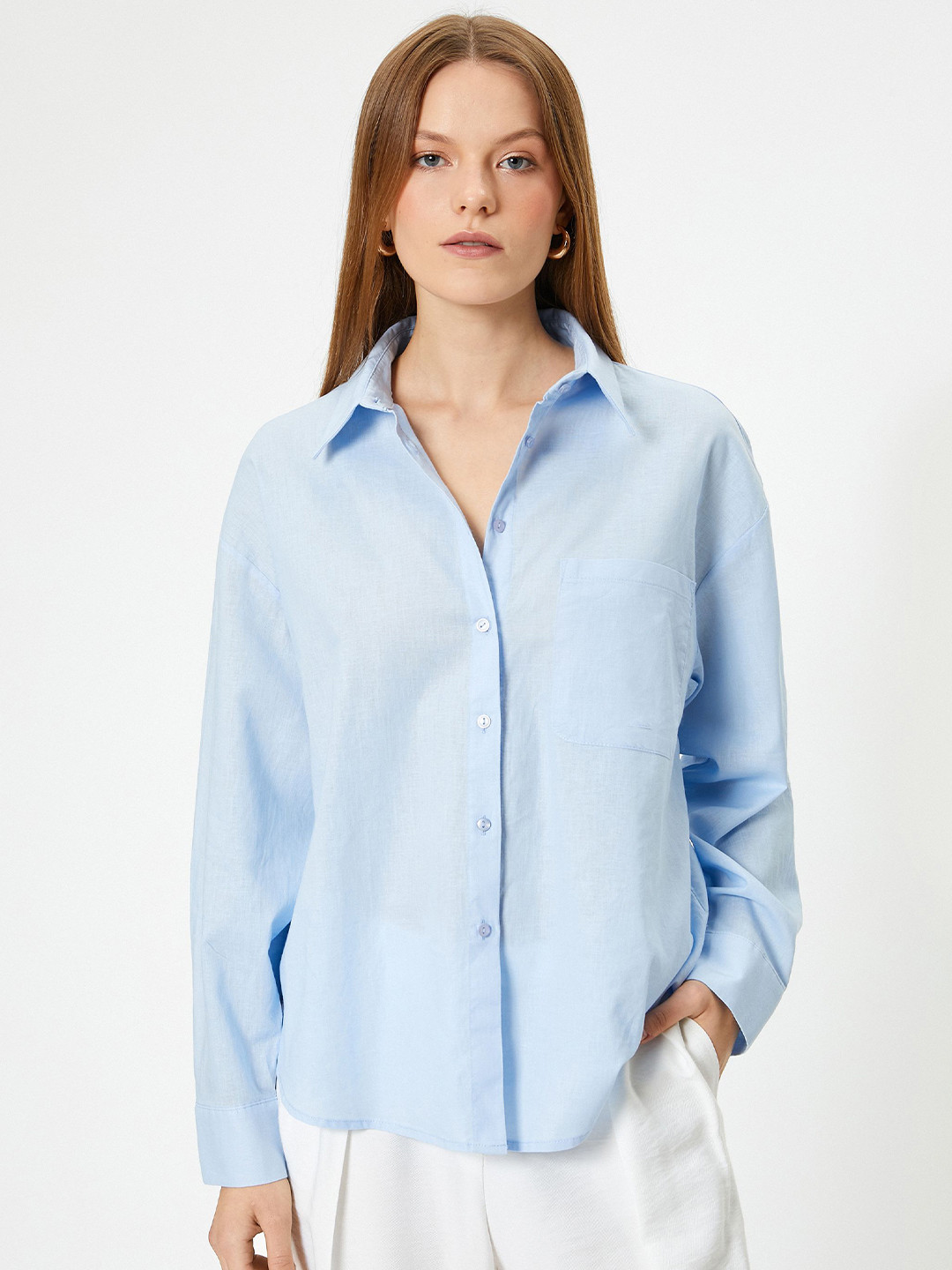 

Koton Women Spread Collar Solid Oversized Casual Shirt, Blue