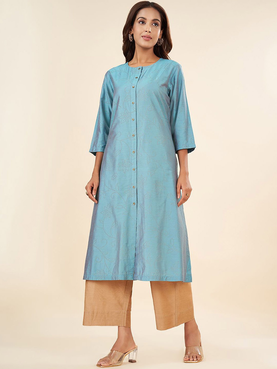 

RANGMANCH BY PANTALOONS Floral Embellished Round Neck A-Line Kurta, Green