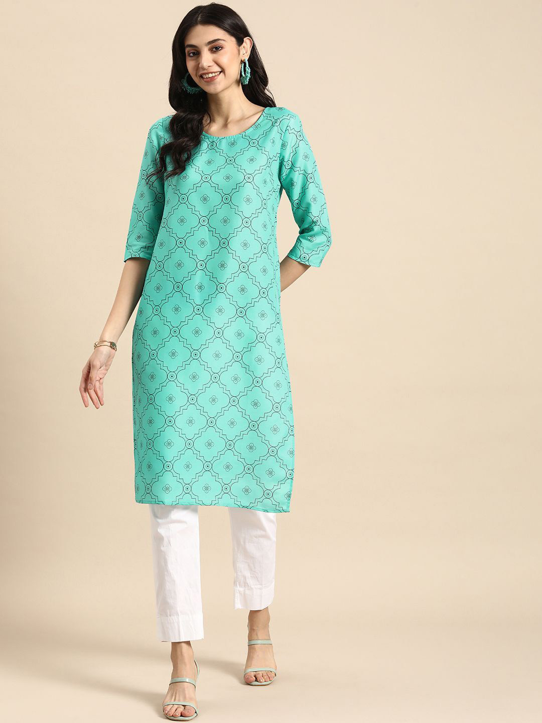 

Anouk Women Ethnic Motifs Printed Flared Sleeves Chikankari Kurta, Green