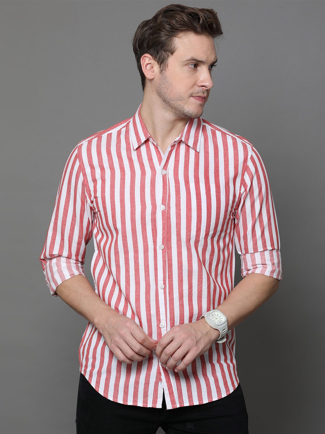 

Rope Men Standard Spread Collar Striped Cotton Slim Fit Casual Shirt, White
