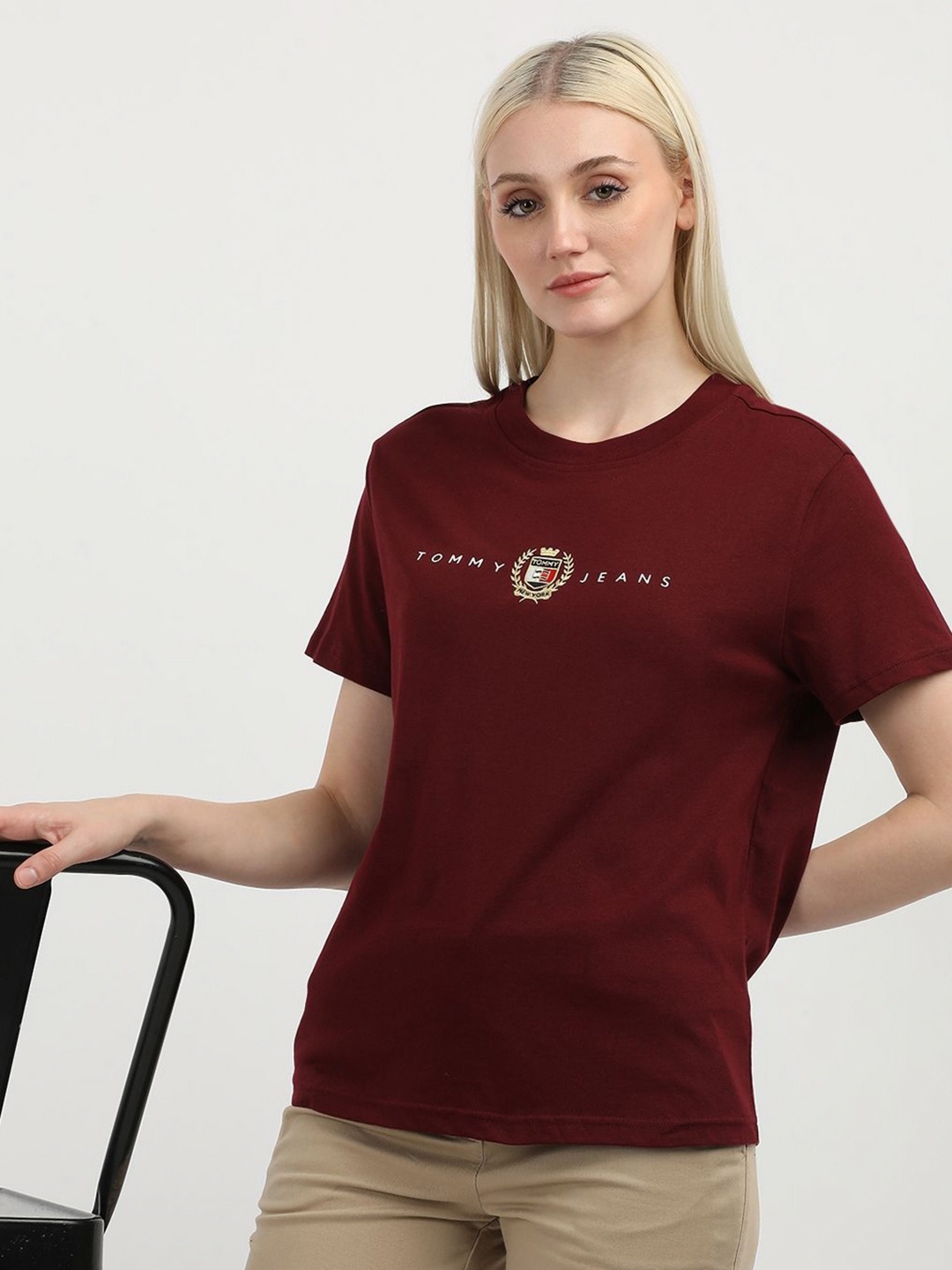 

Tommy Hilfiger Women Typography Printed Round Neck Cotton T-Shirt, Maroon