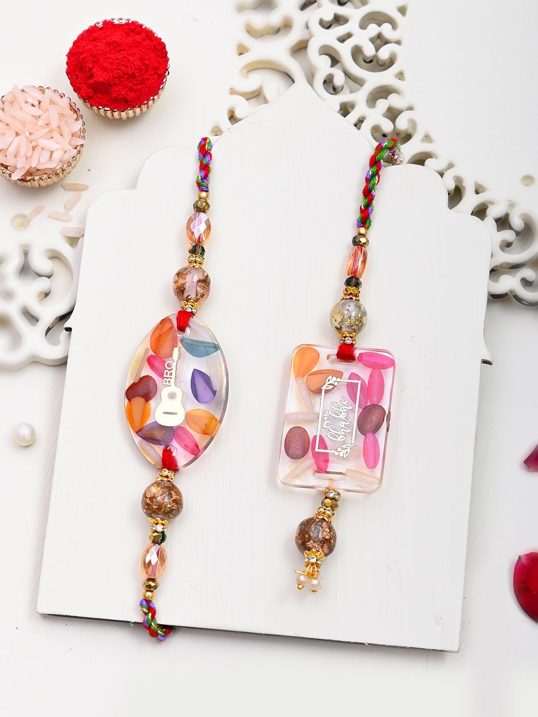 

Aapno Rajasthan Set Of 2 Rakhi With Roli Chawal & Greeting Card, Gold