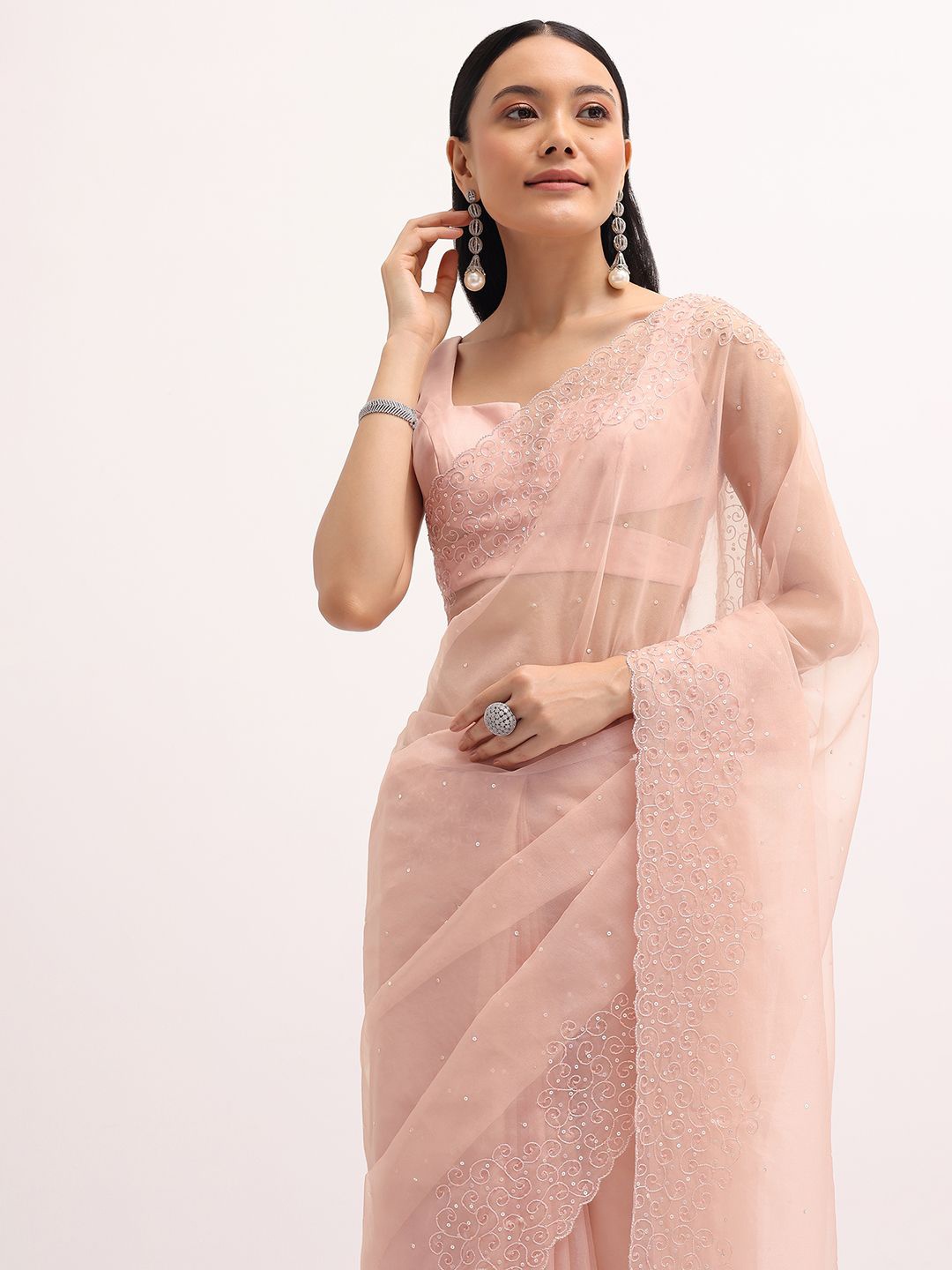 

KALKI Fashion Embellished Sequinned Organza Saree, Peach