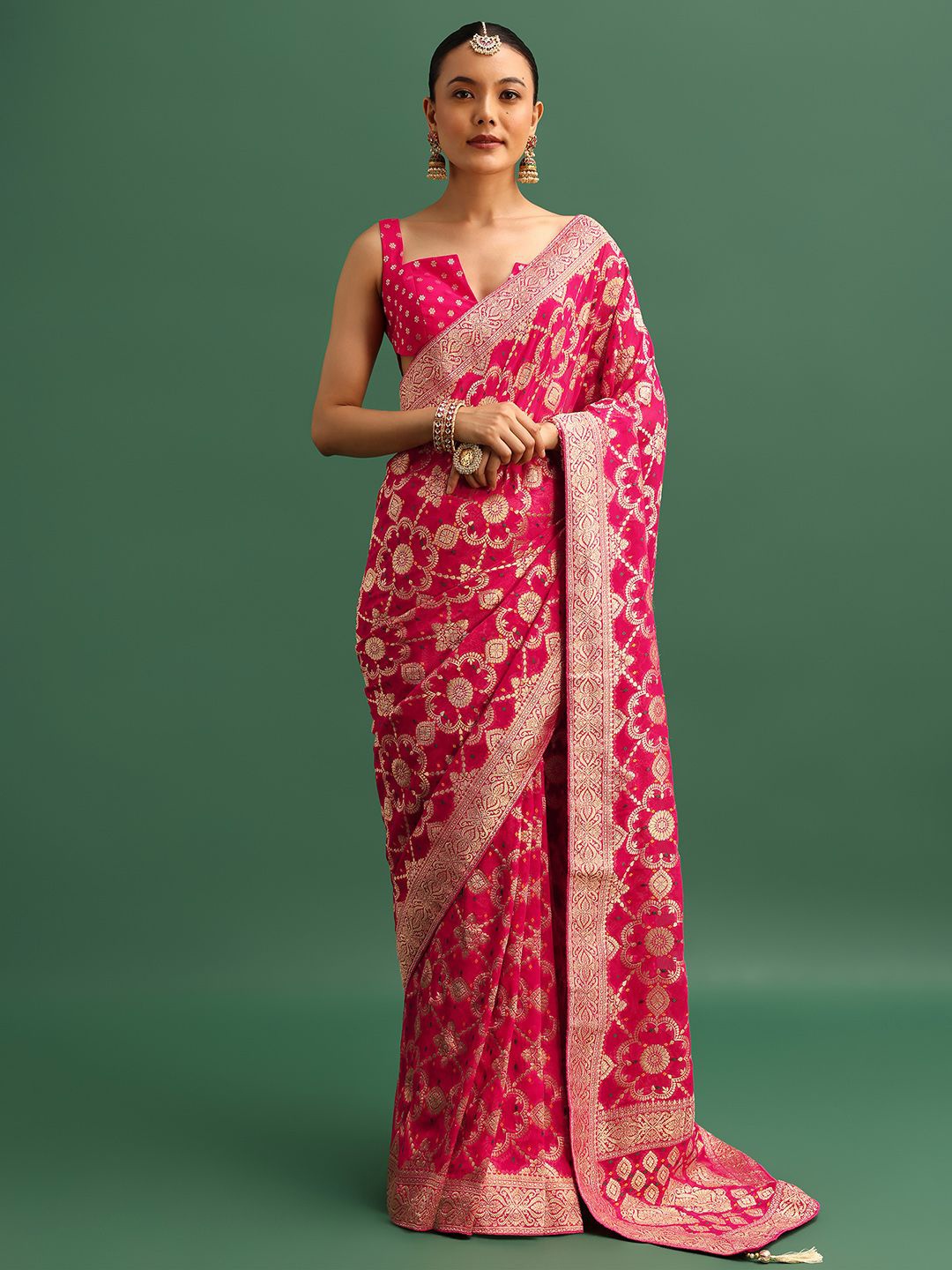 

KALKI Fashion Woven Design Zari Pure Georgette Bandhani Saree, Pink