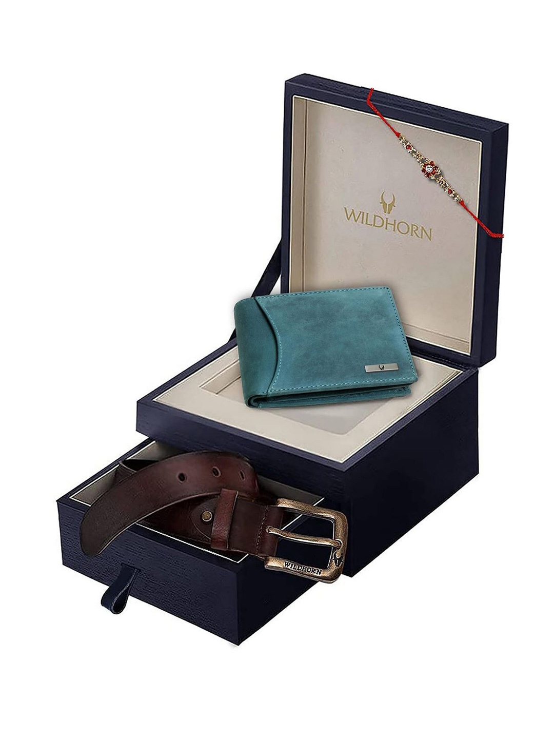 

WildHorn Men Accessory Gift Set Set Of Wallet and Belt & Rakhi, Blue
