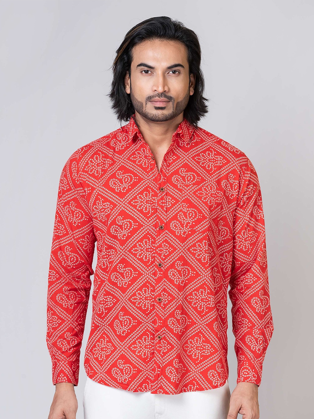 

Kartikeya Jaipur Men Standard Spread Collar Ethnic Printed Cotton Slim Fit Casual Shirt, Red