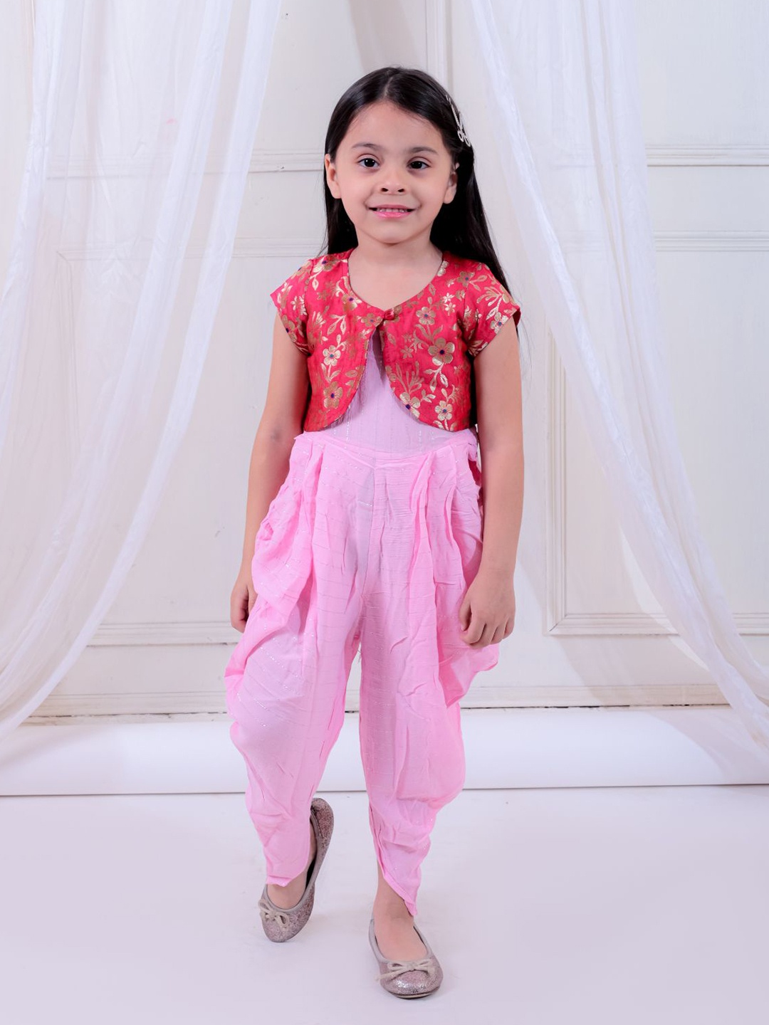 

Twisha Girls Dhoti Style Jumpsuit & Shrug Set, Pink