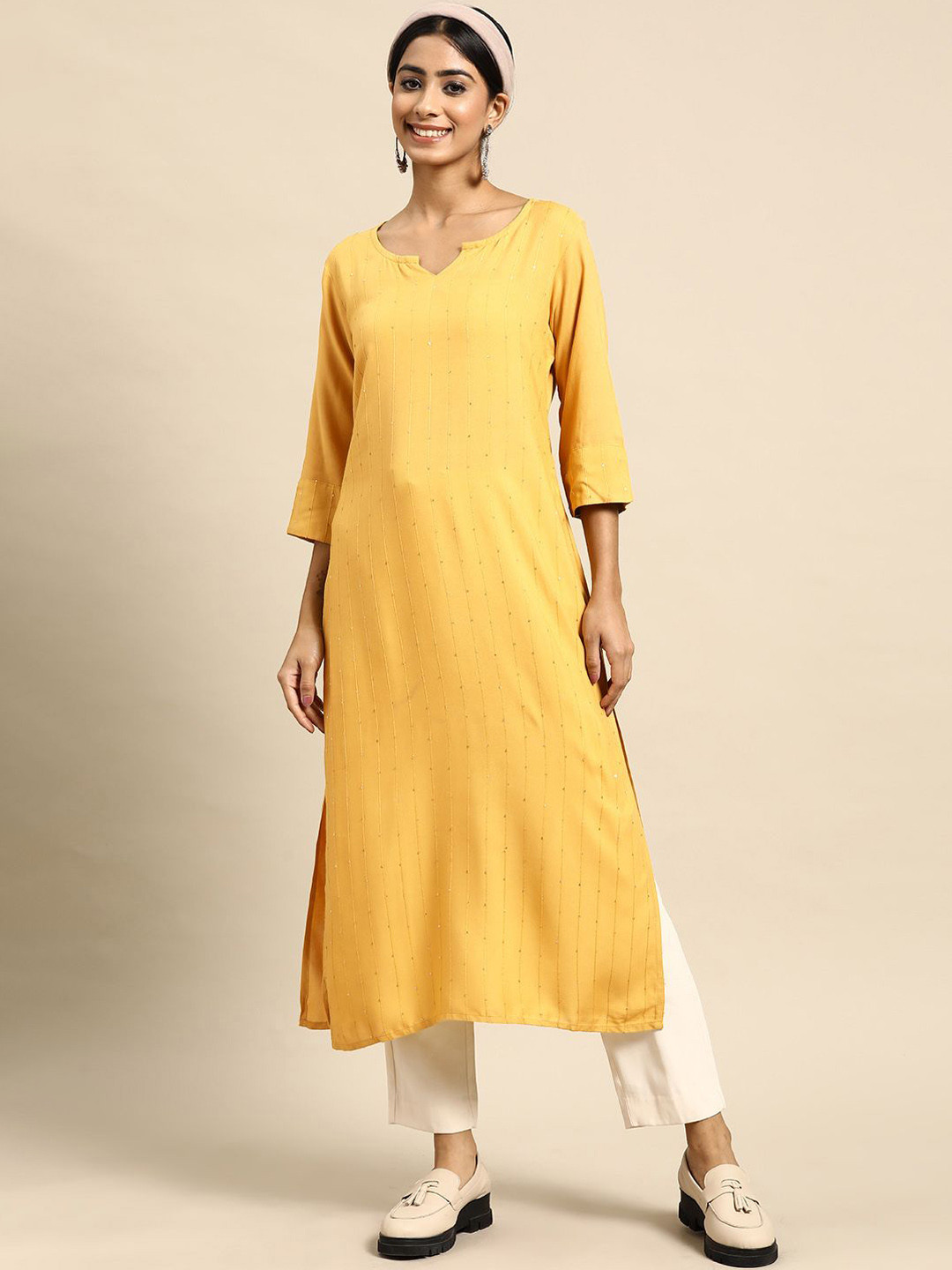 

Anouk Women Embroidered Flared Sleeves Kurta, Mustard