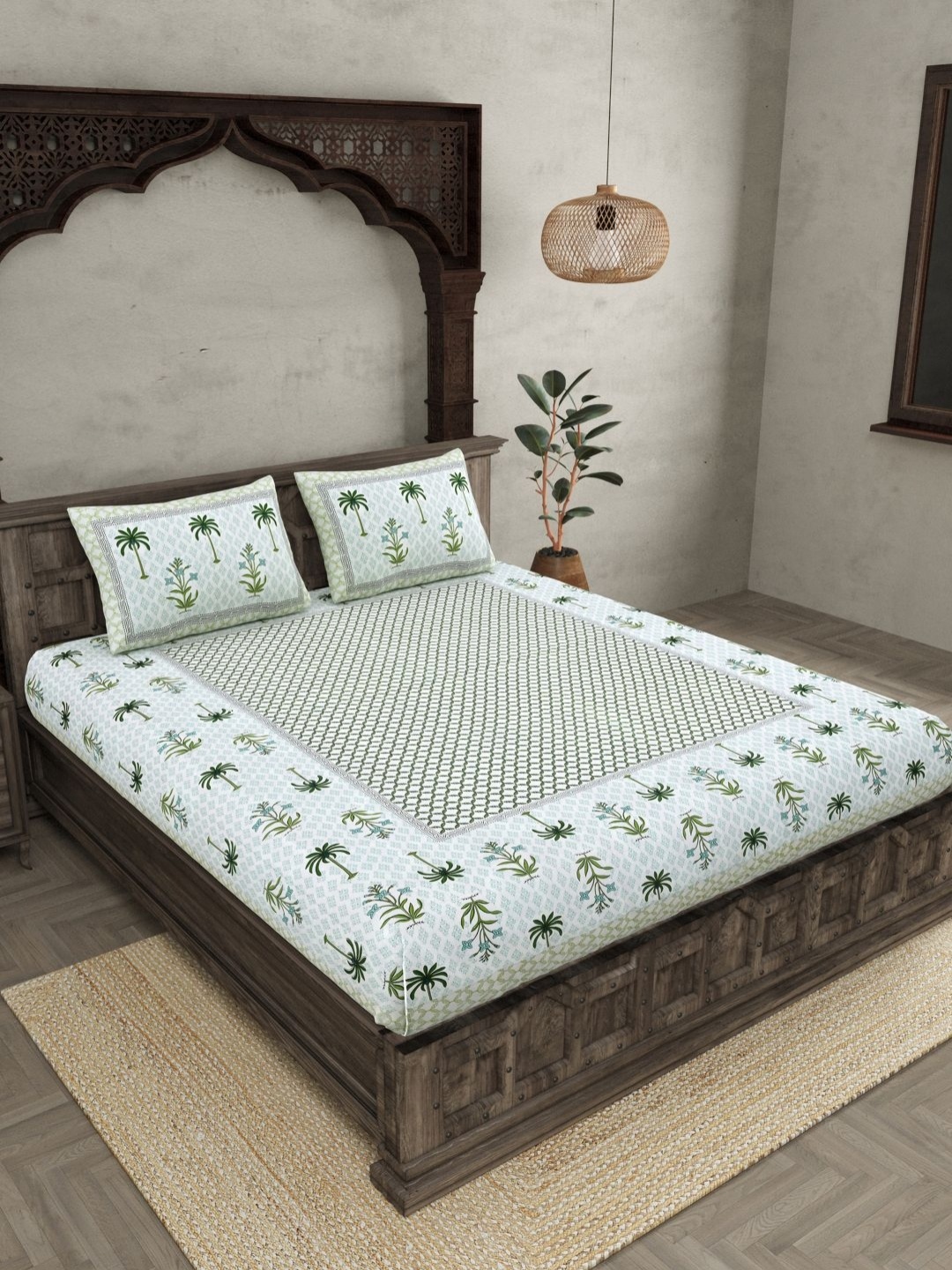 

JAIPUR FABRIC Green Floral Printed 144 TC Pure Cotton King Bedsheet with 2 Pillow Covers