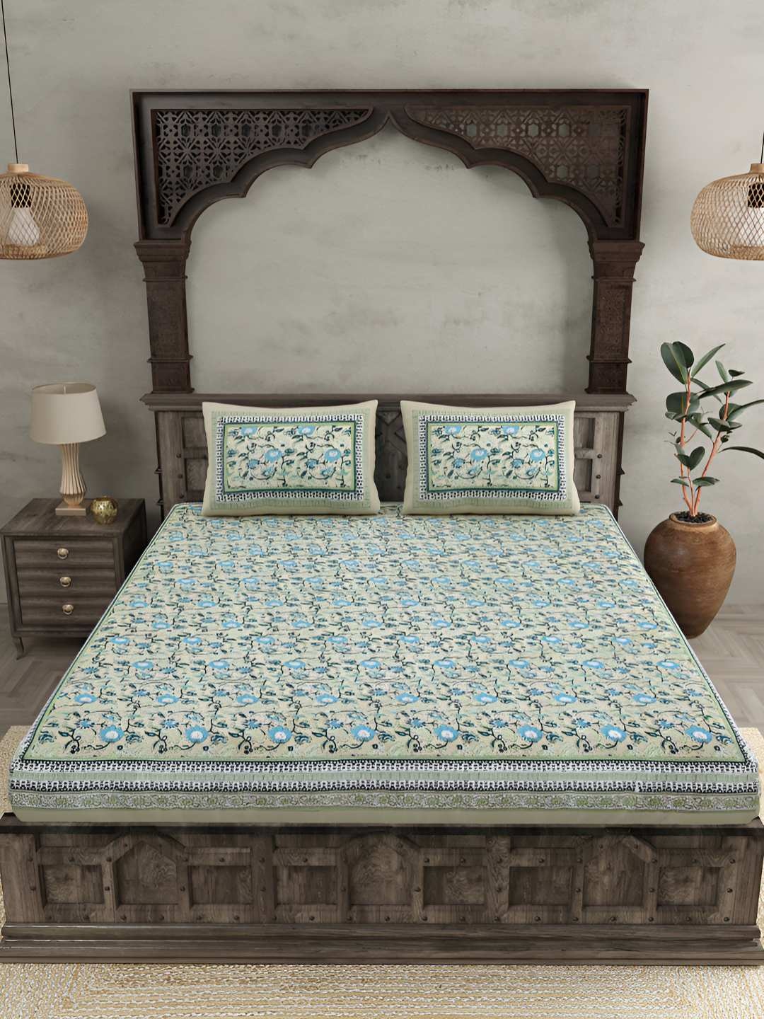 

BED-SHEET.COM Green & Blue Pure Cotton Floral 144 TC King Bedsheet with 2 Pillow Covers