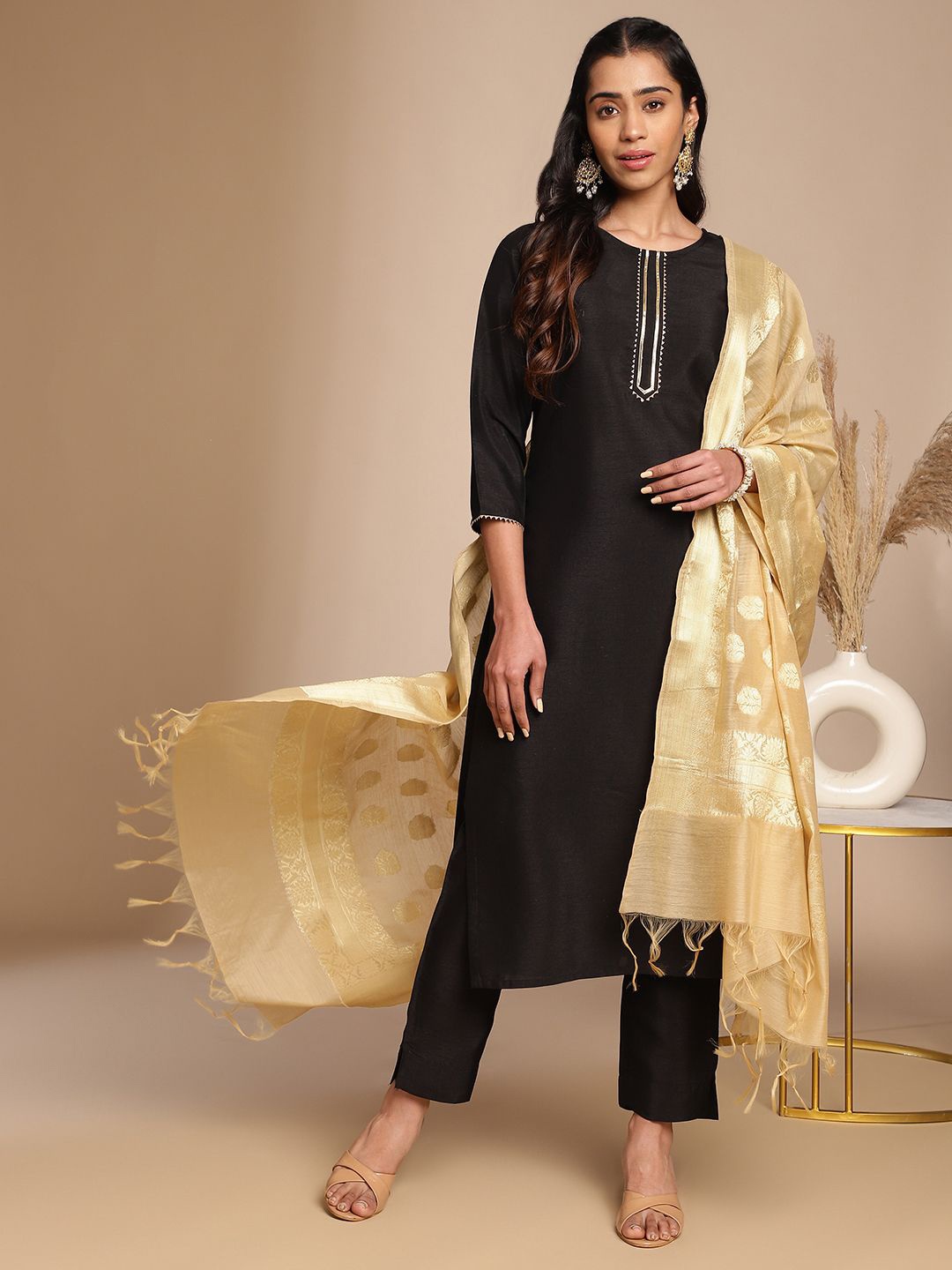 

Janasya Regular Gotta Patti Straight Kurta With Trousers & Dupatta, Black