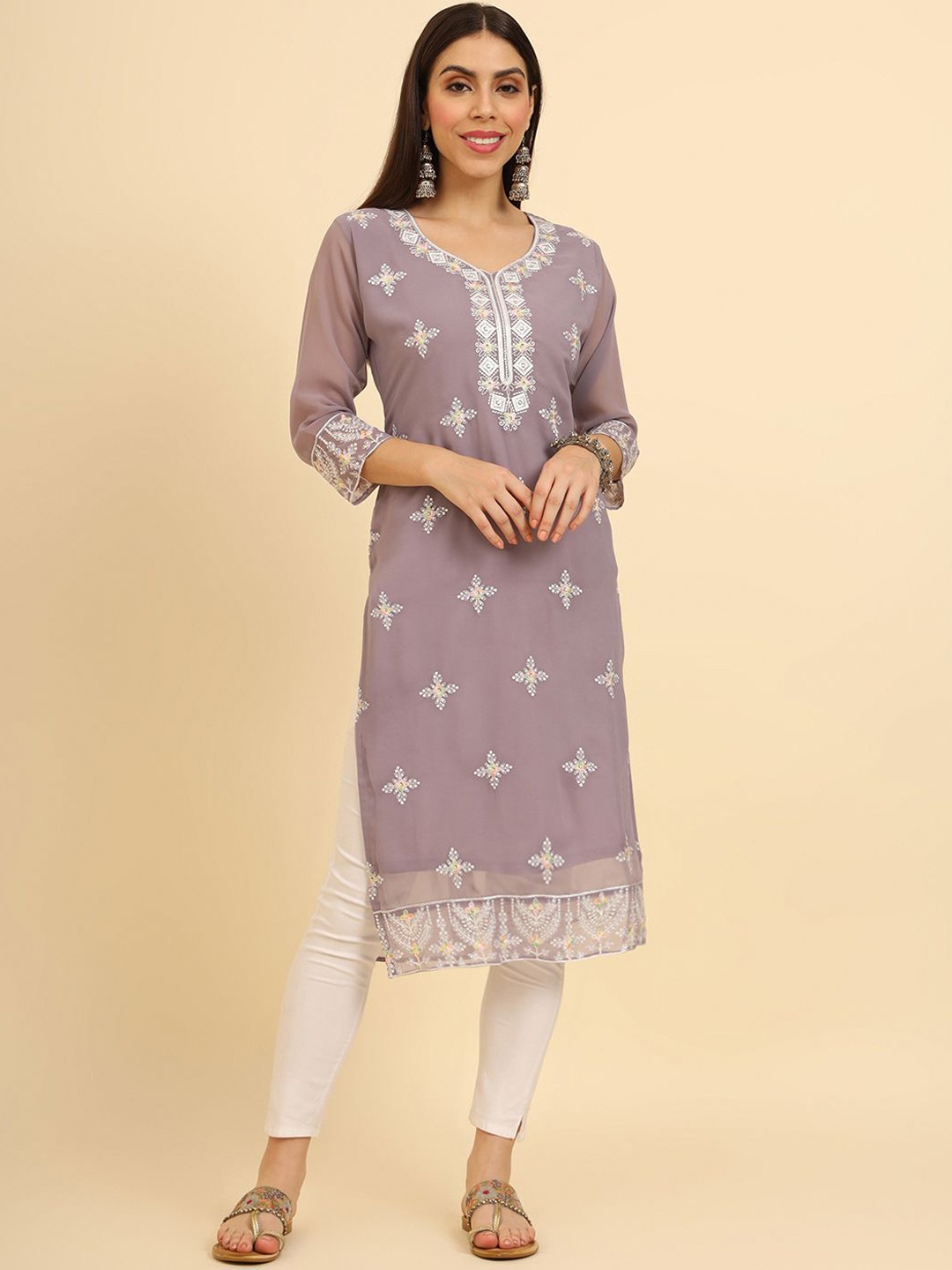 

VAIRAGEE Women Dyed Flared Sleeves Thread Work Georgette Kurta, Grey