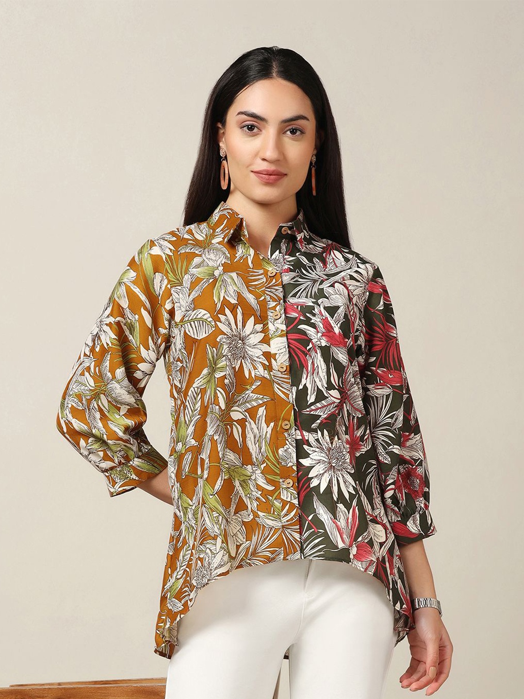 

FASHION DREAM Women Modern Spread Collar Floral Printed Formal Shirt, Mustard