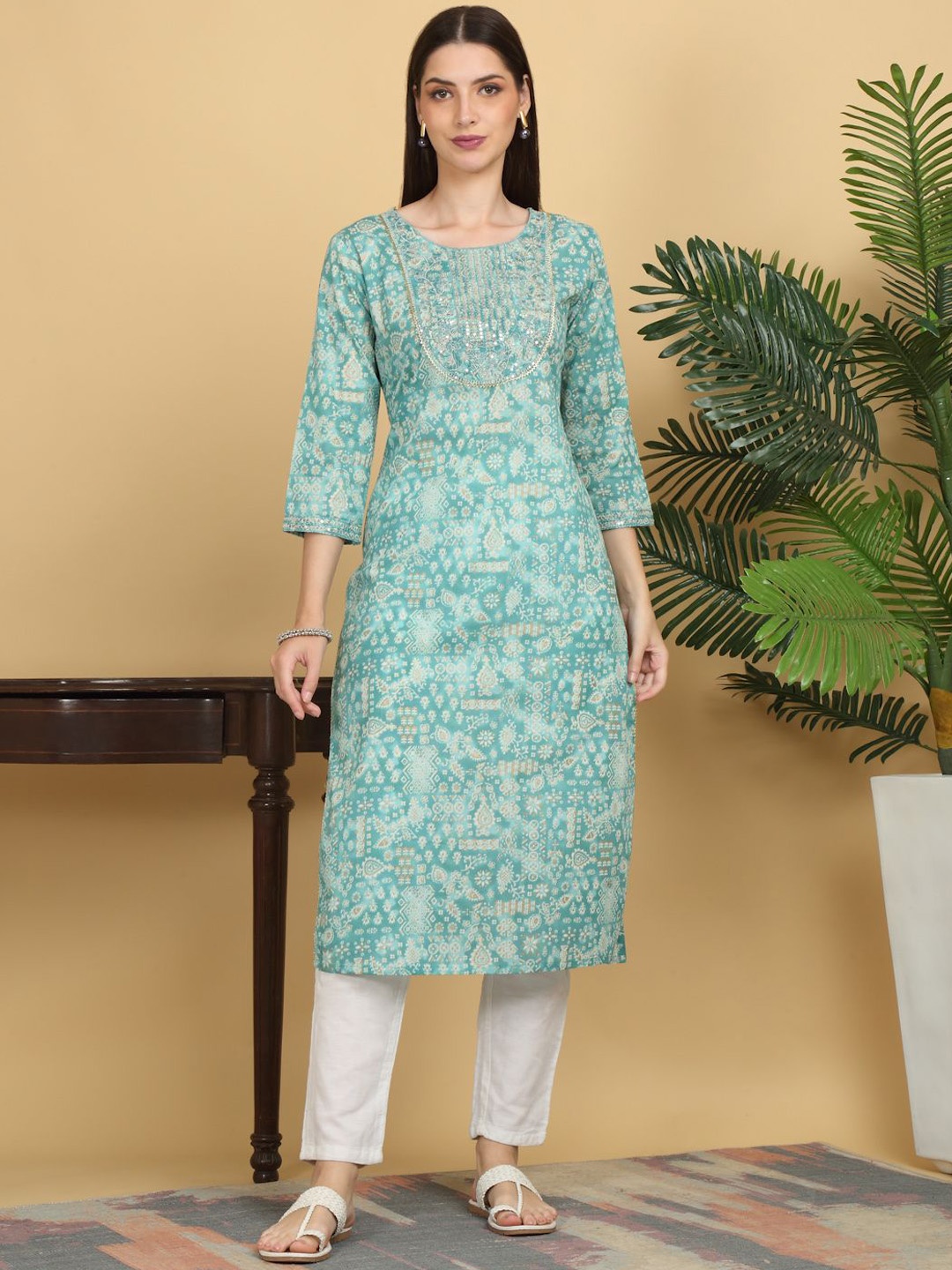 

KALINI Floral Printed Round Neck Sequinned Straight Kurta, Blue