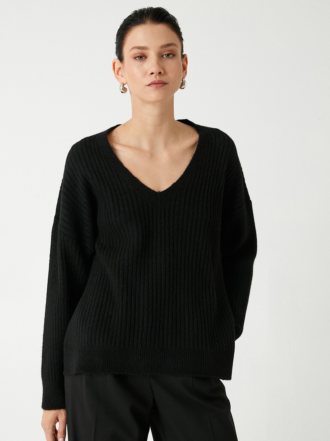 

Koton Women Ribbed Pullover, Black