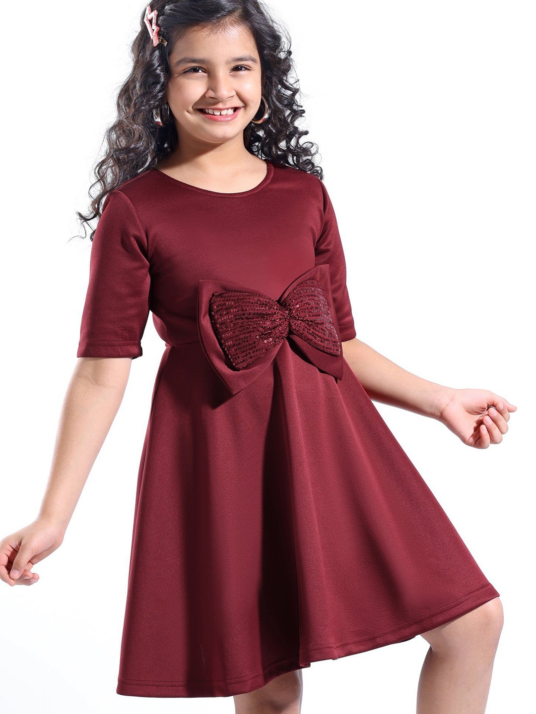 

Hola Bonita Scuba Fit & Flare Dress with Sequin Bow Applique, Maroon