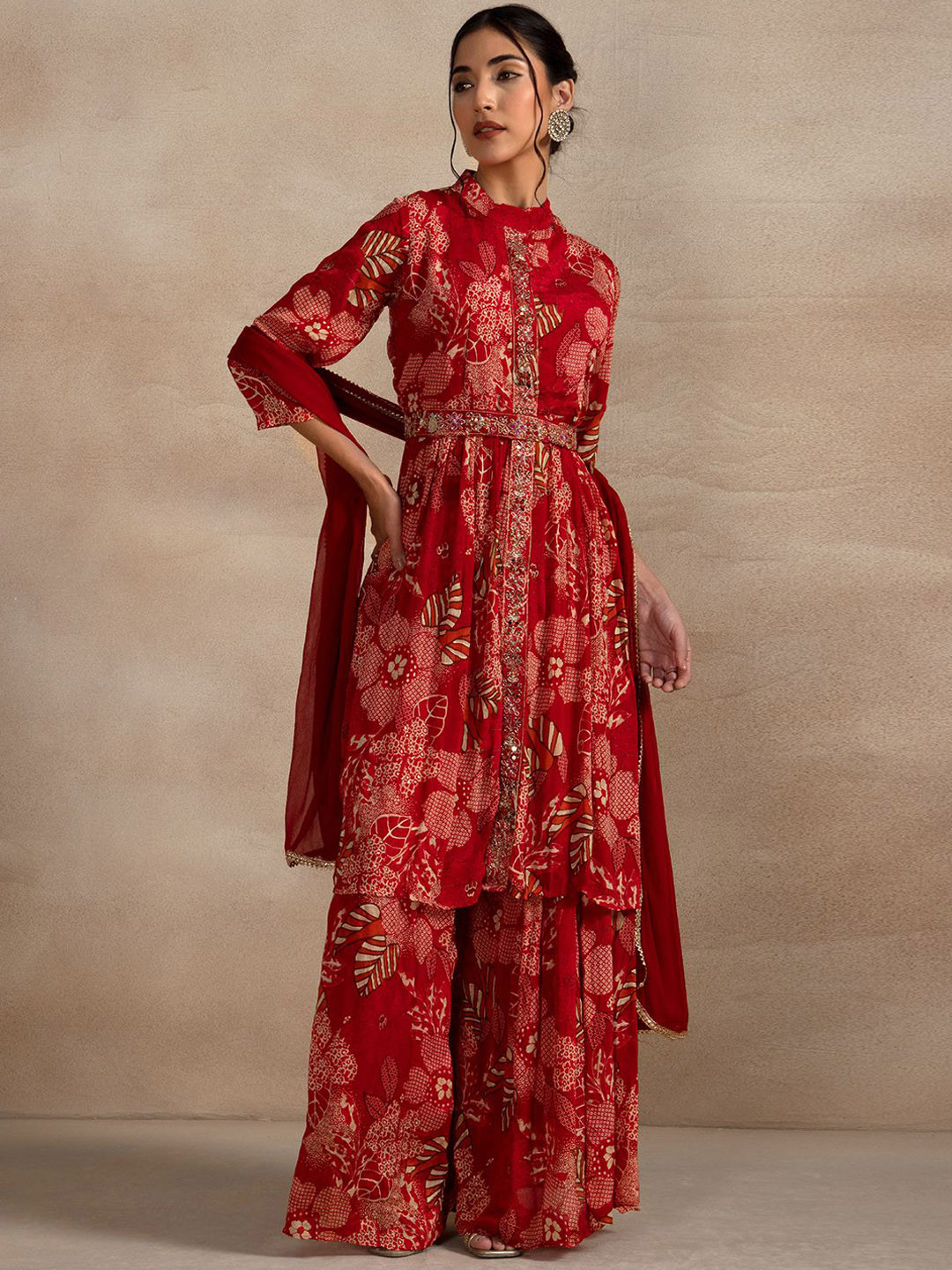 

Rang by Indya Women Floral Printed Regular Sequinned Kurta with Sharara & With Dupatta, Red