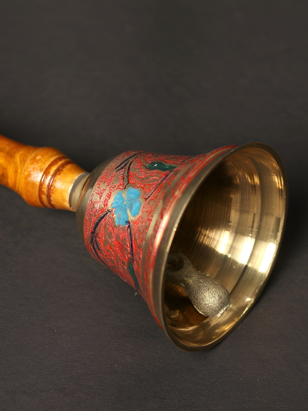 

Exotic India Peacock Design Brass Puja Bell with Wood Handle, Blue