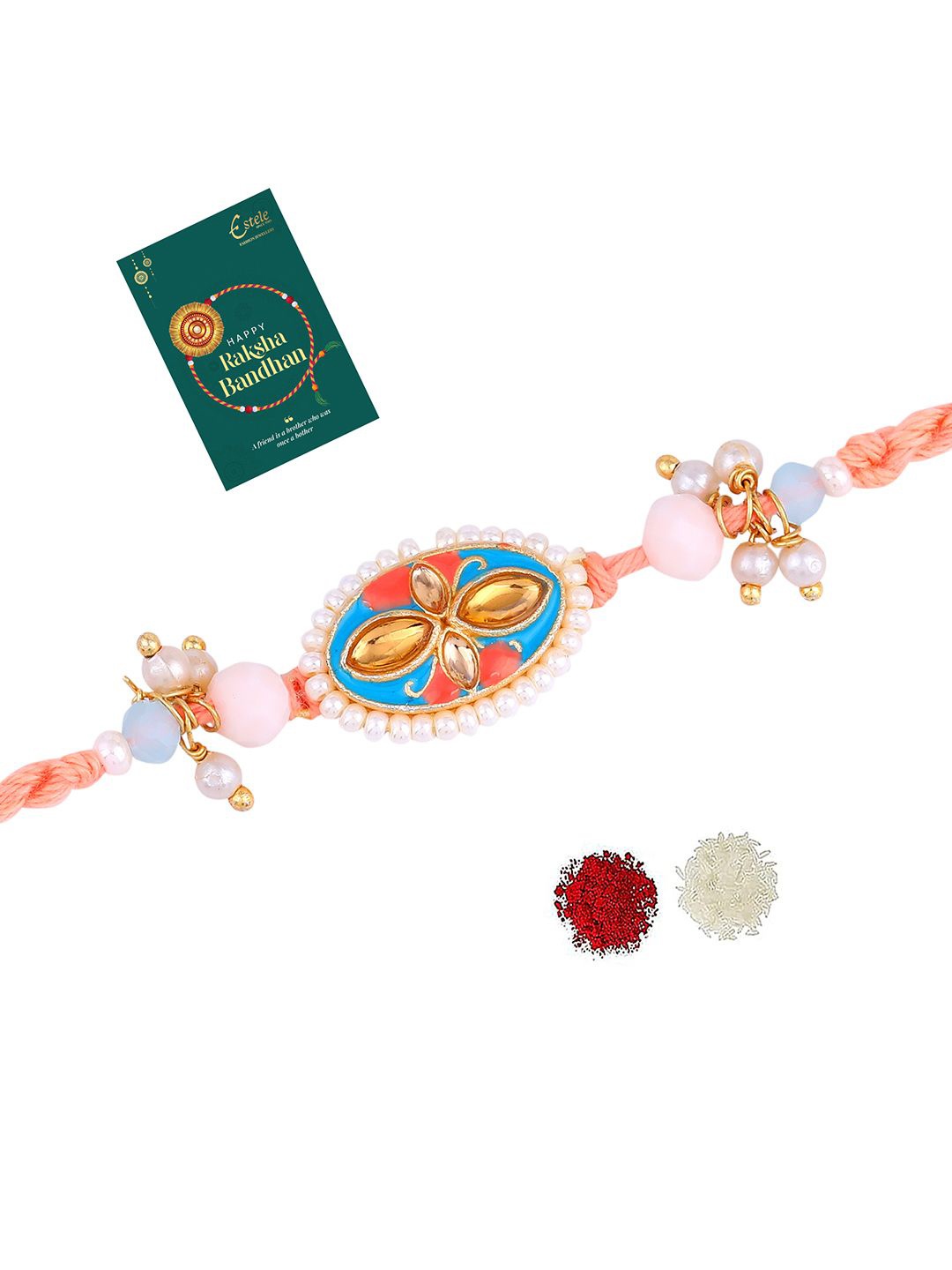 

Estele Kundan & Beaded Thread Rakhi With Roli Chawal & Greeting Card, Gold