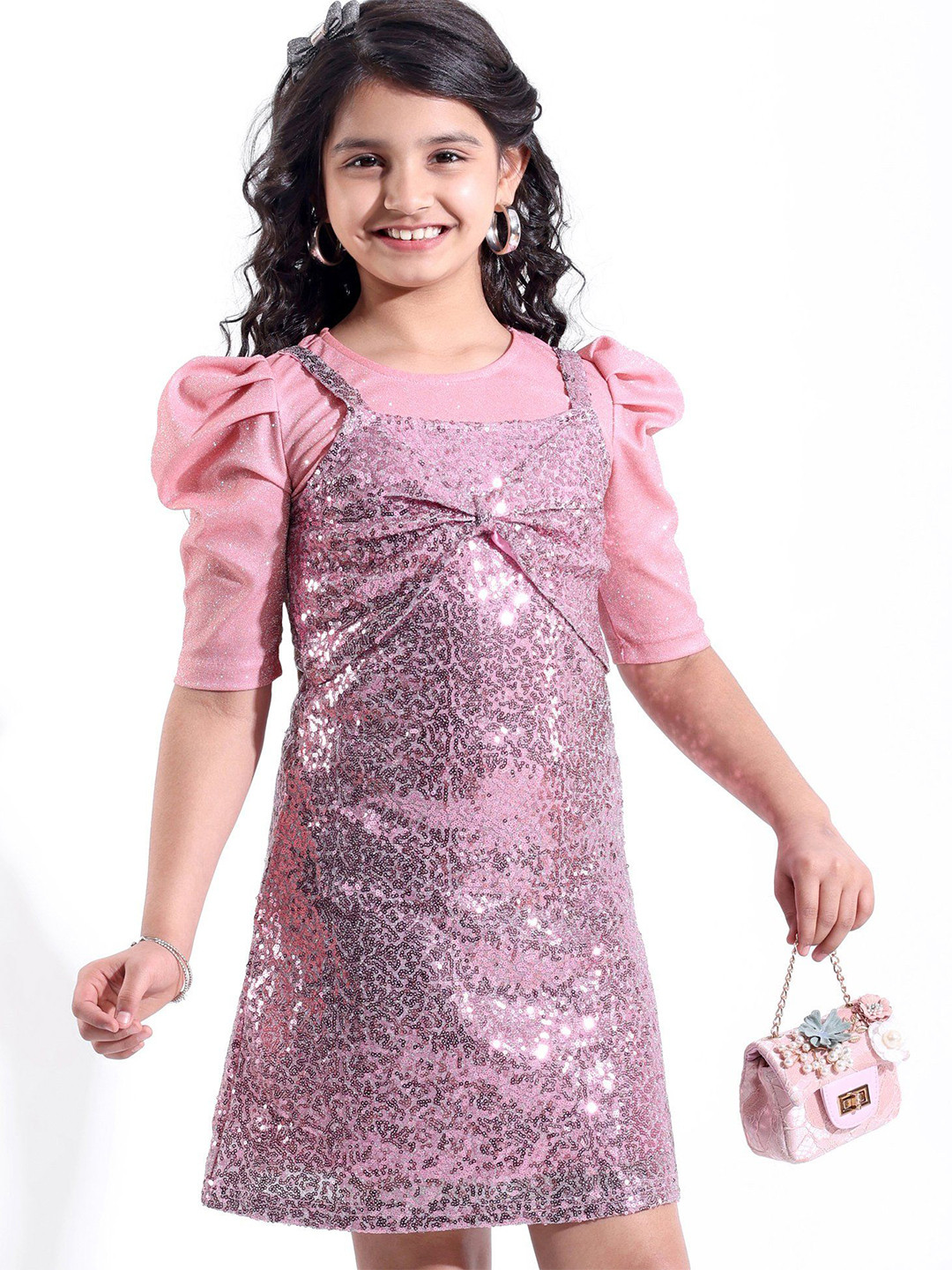 

Hola Bonita Girls Embellished Shoulder Strap A-Line Pinafore Dress With T-shirt, Pink