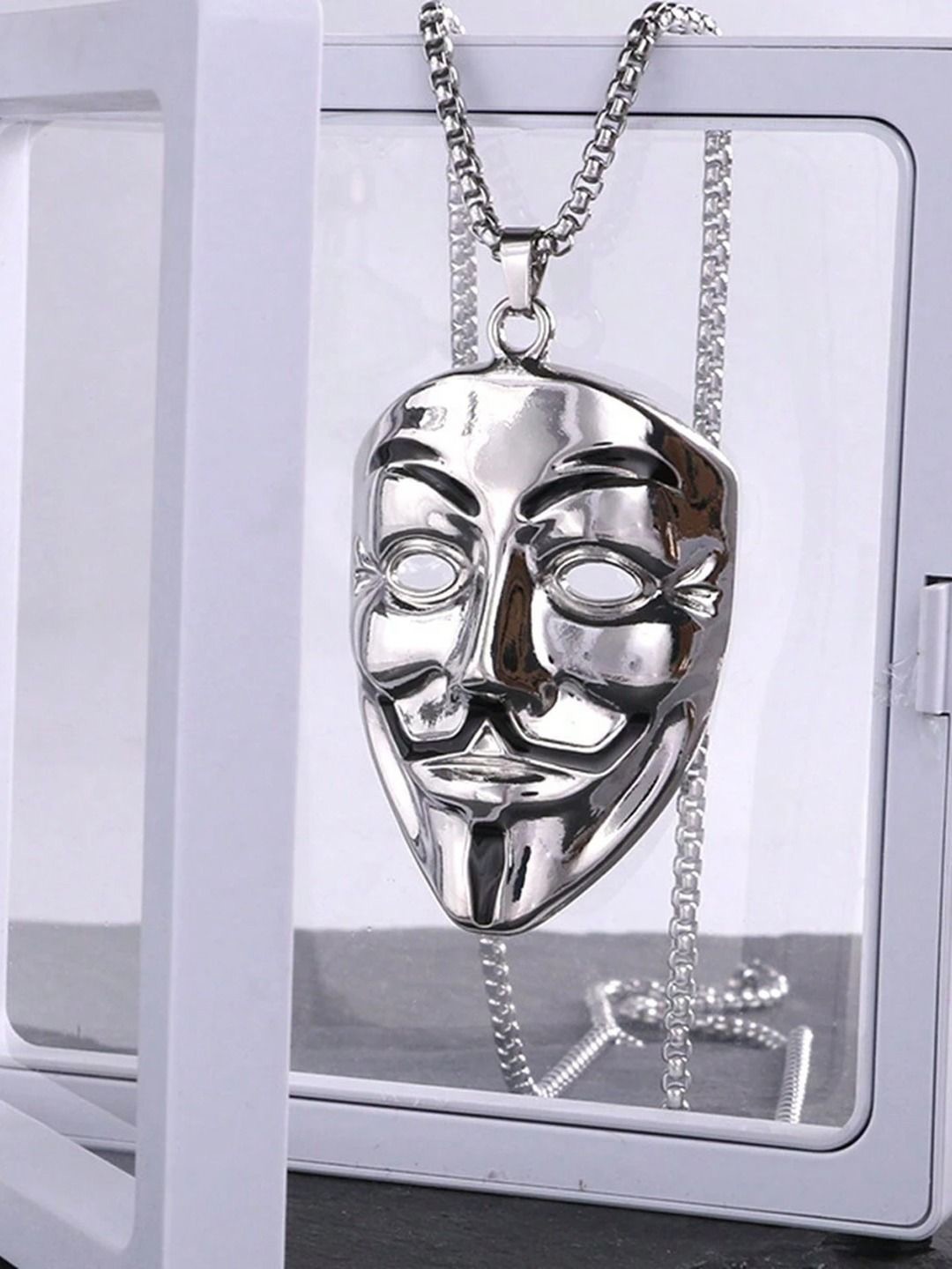 

KRENOZ Men Silver-Plated Stainless Steel Quirky Mask Pendant & Chain