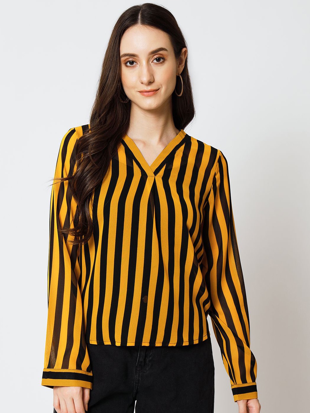 

Yaadleen Women Striped V-Neck Top, Yellow