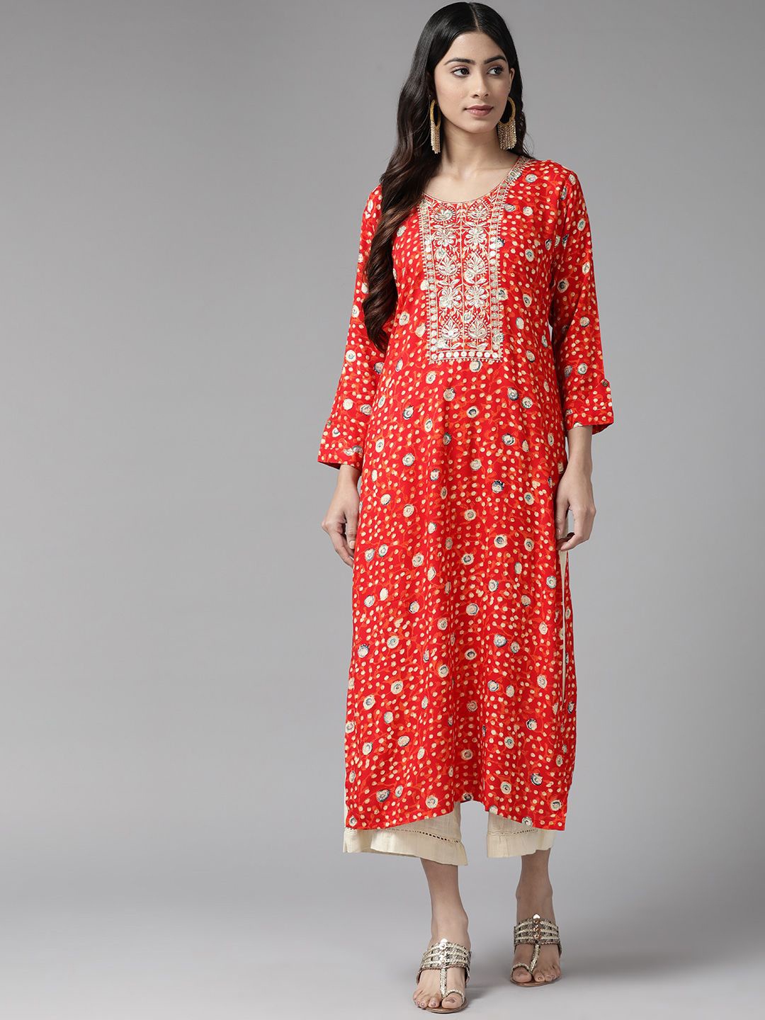 

BAESD Floral Printed Thread Work Cotton Straight Kurta, Orange