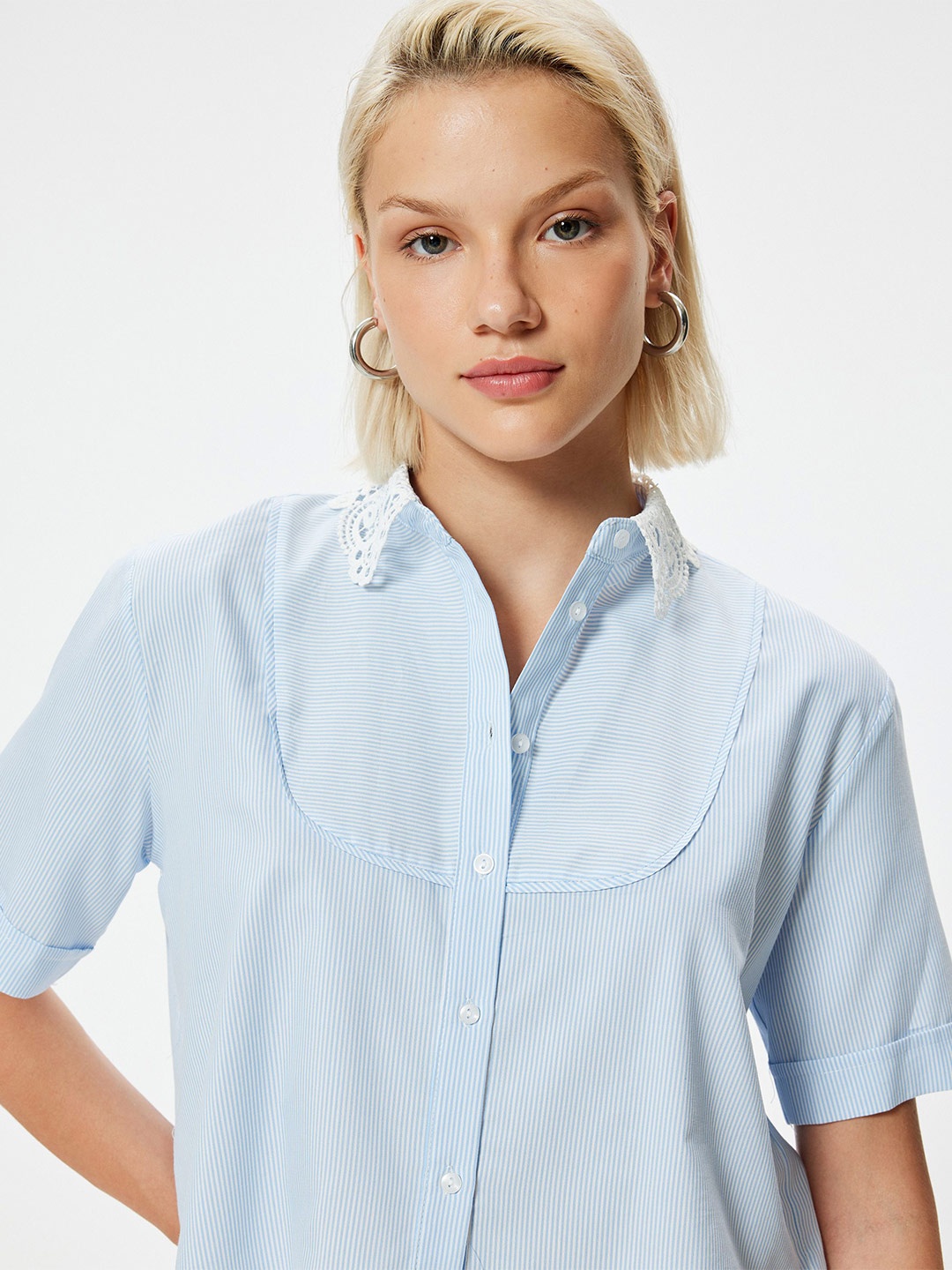 

Koton Women Mandarin Collar Solid Cotton Casual Shirt, Blue