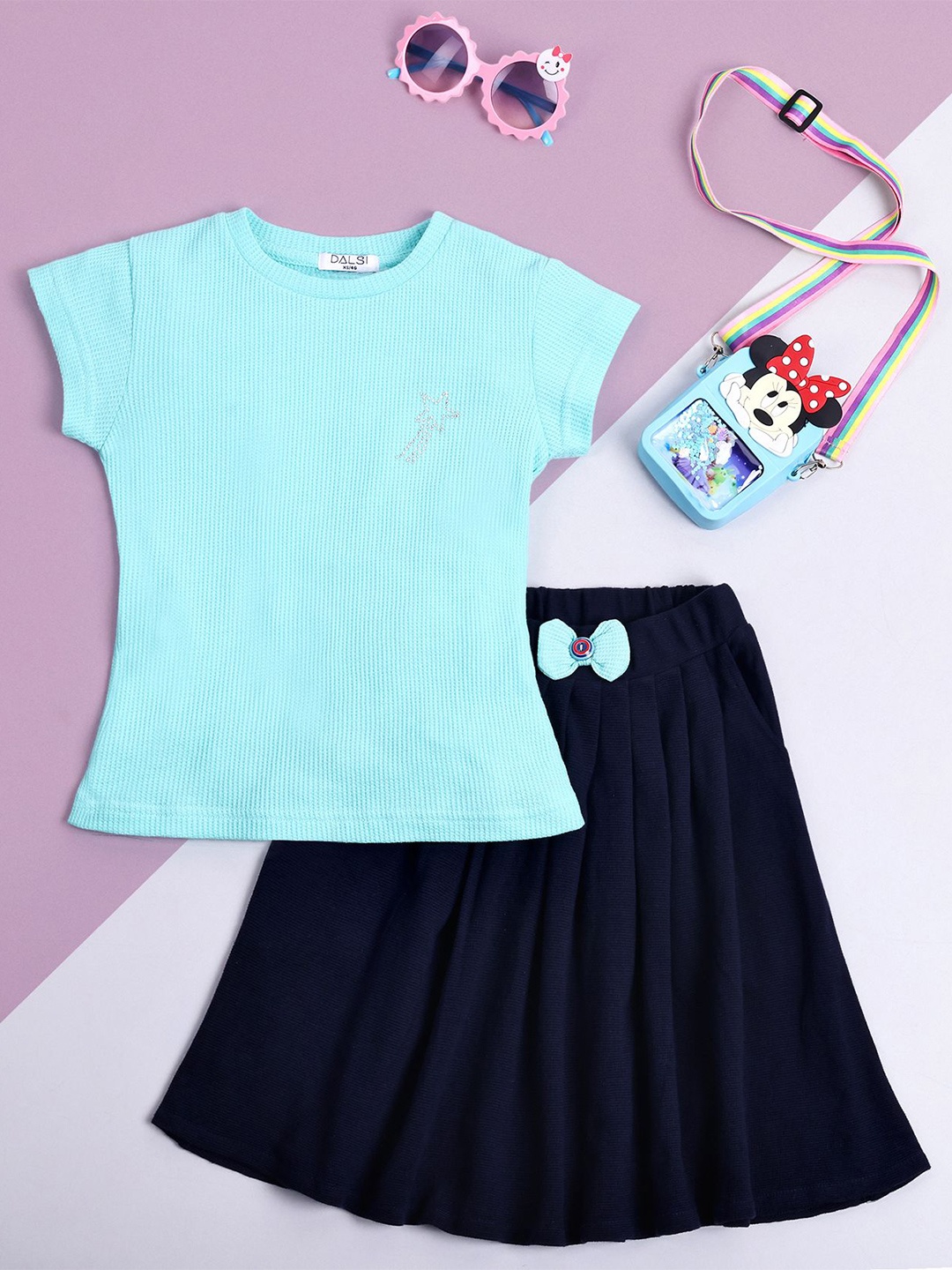 

DALSI Girls Pure Cotton T-shirt with Skirt, Sea green