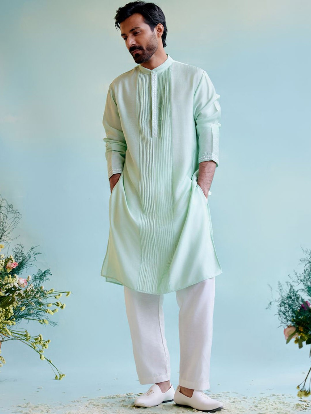 

NERO Minty Mandarin Collar Cotton Straight Kurta, Green