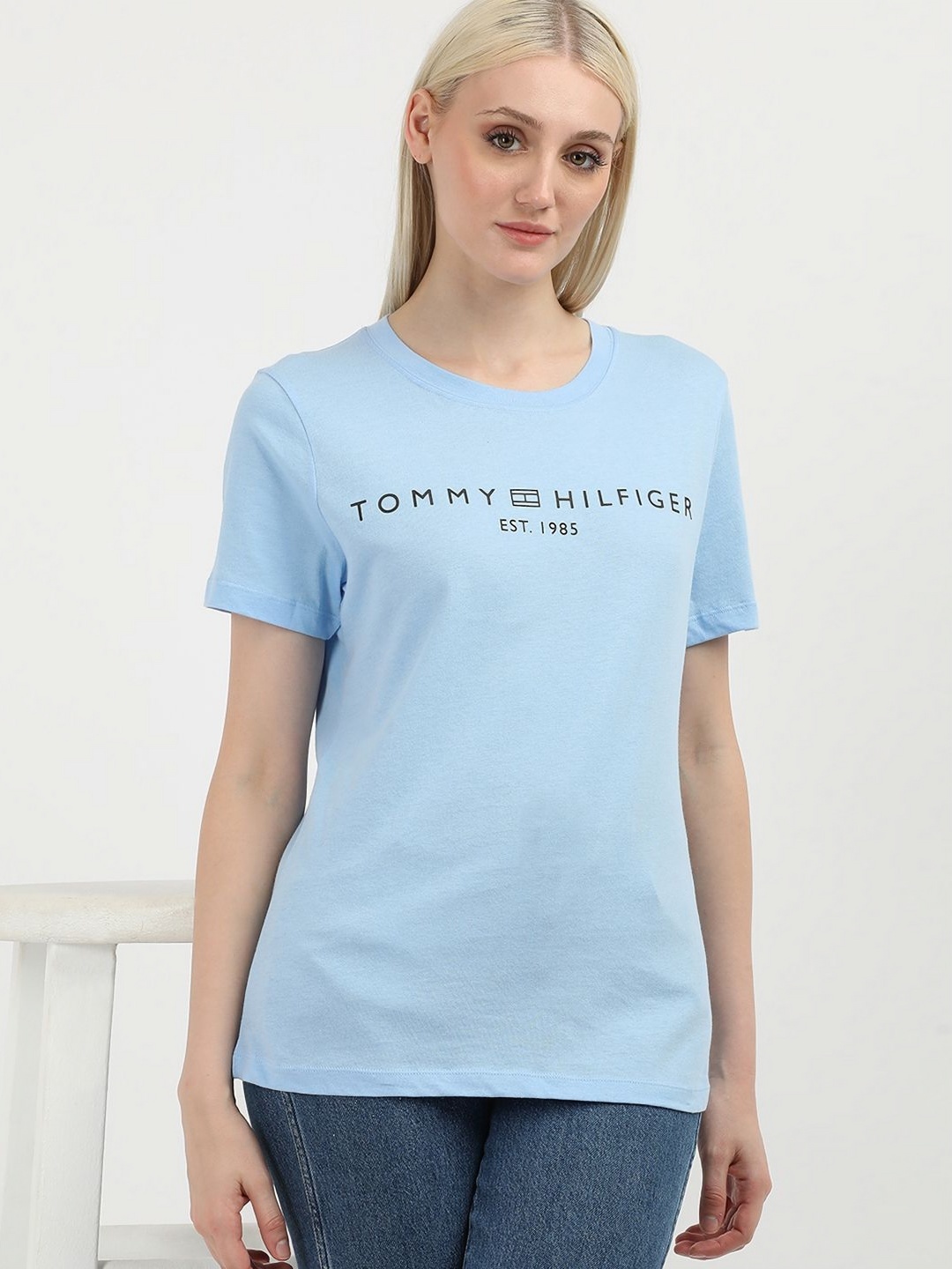 

Tommy Hilfiger Women Typography Printed Round Neck Cotton T-Shirt, Blue