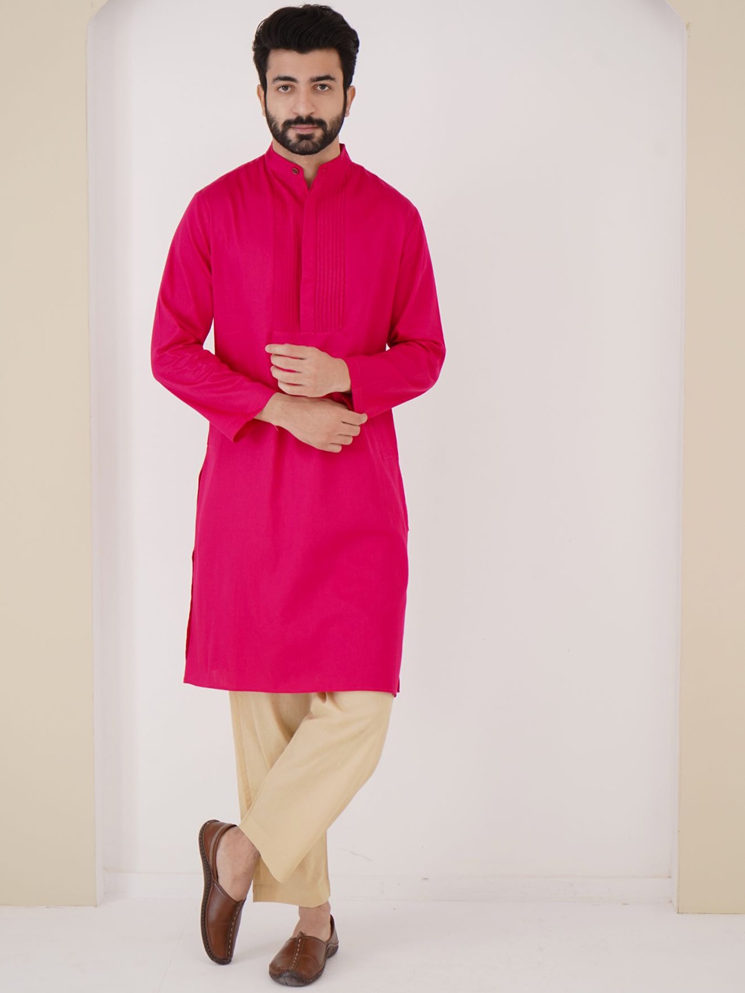 

NERO Pintuck Yoke Design Band Collar Cotton Straight Kurta, Pink