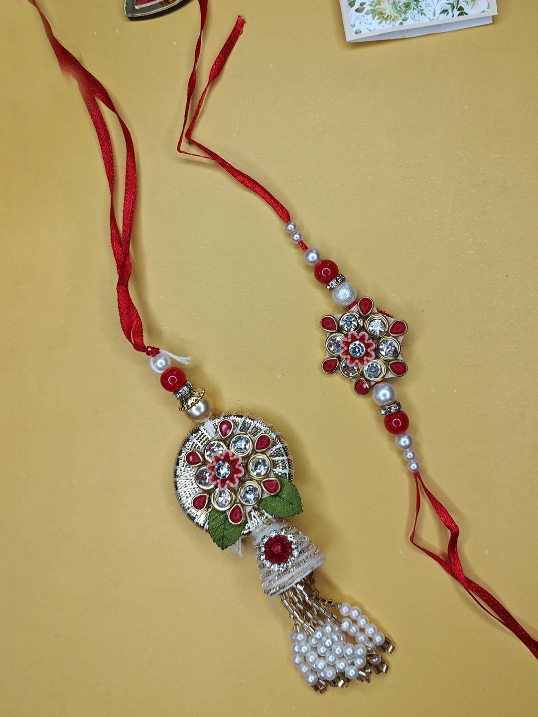 

NVR Beaded Bhaiya Bhabhi Rakhis with Roli Chawal, Red