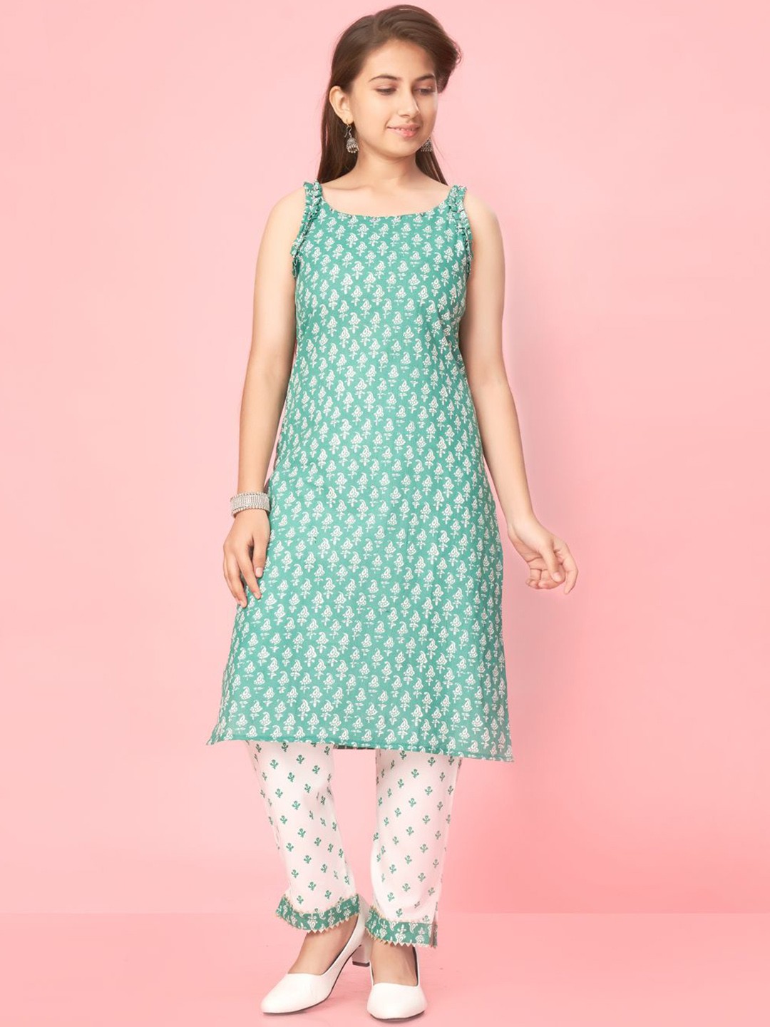 

BAESD Girls Ethnic Motifs Printed Shoulder Straps Pure Cotton Straight Kurta With Trouser, Sea green