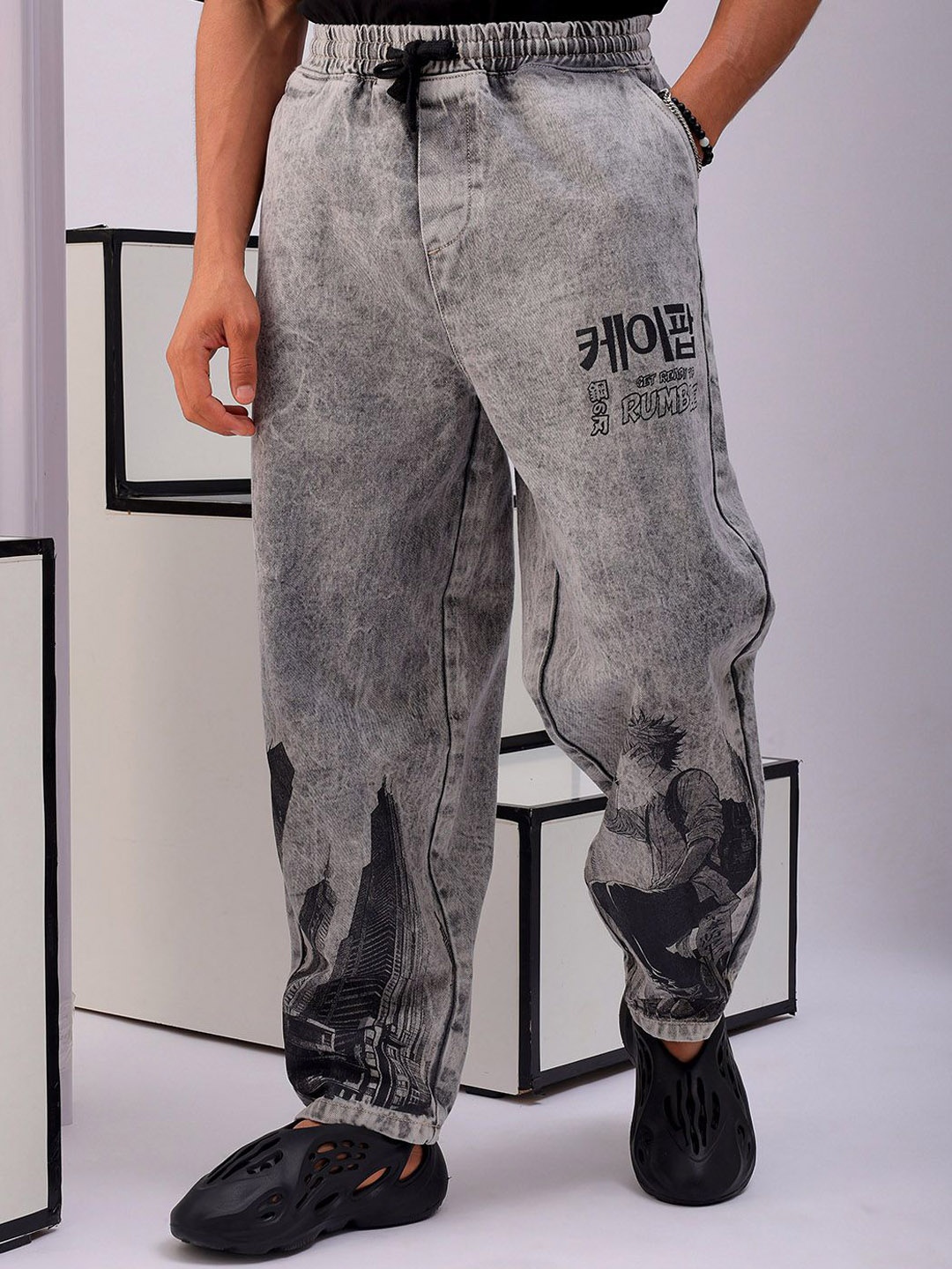 

The Indian Garage Co Men Baggy Fit Cotton Elasticated Waist Jeans, Grey