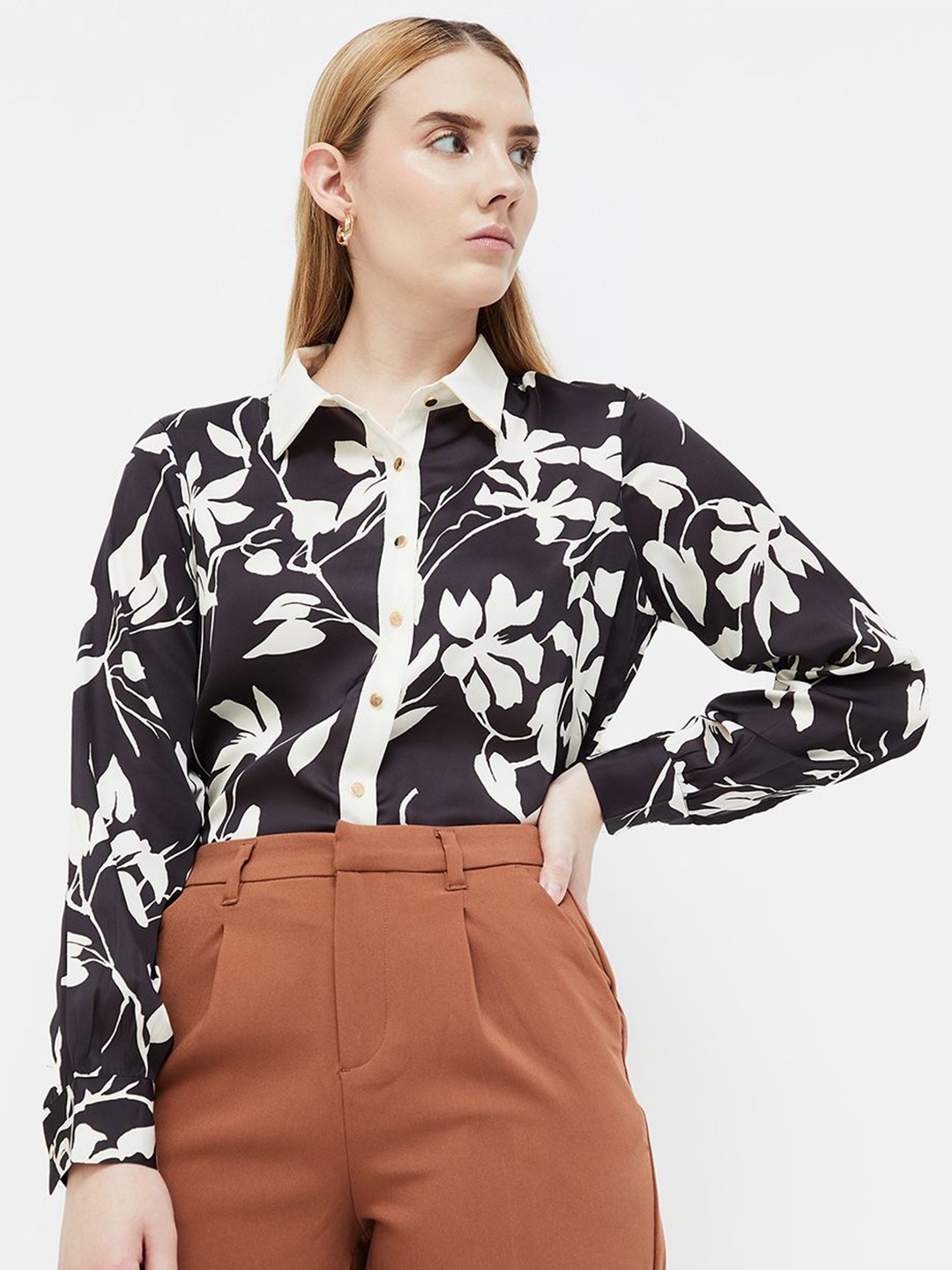 

CODE by Lifestyle Women Floral Printed Shirt Collar Top, Black