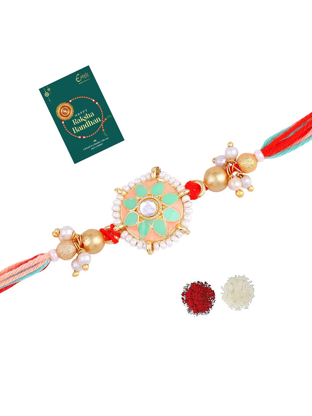 

Estele Gold Plated Stones Studded & Beaded Rakhi With Roli Chawal & Greeting Card Gift Set